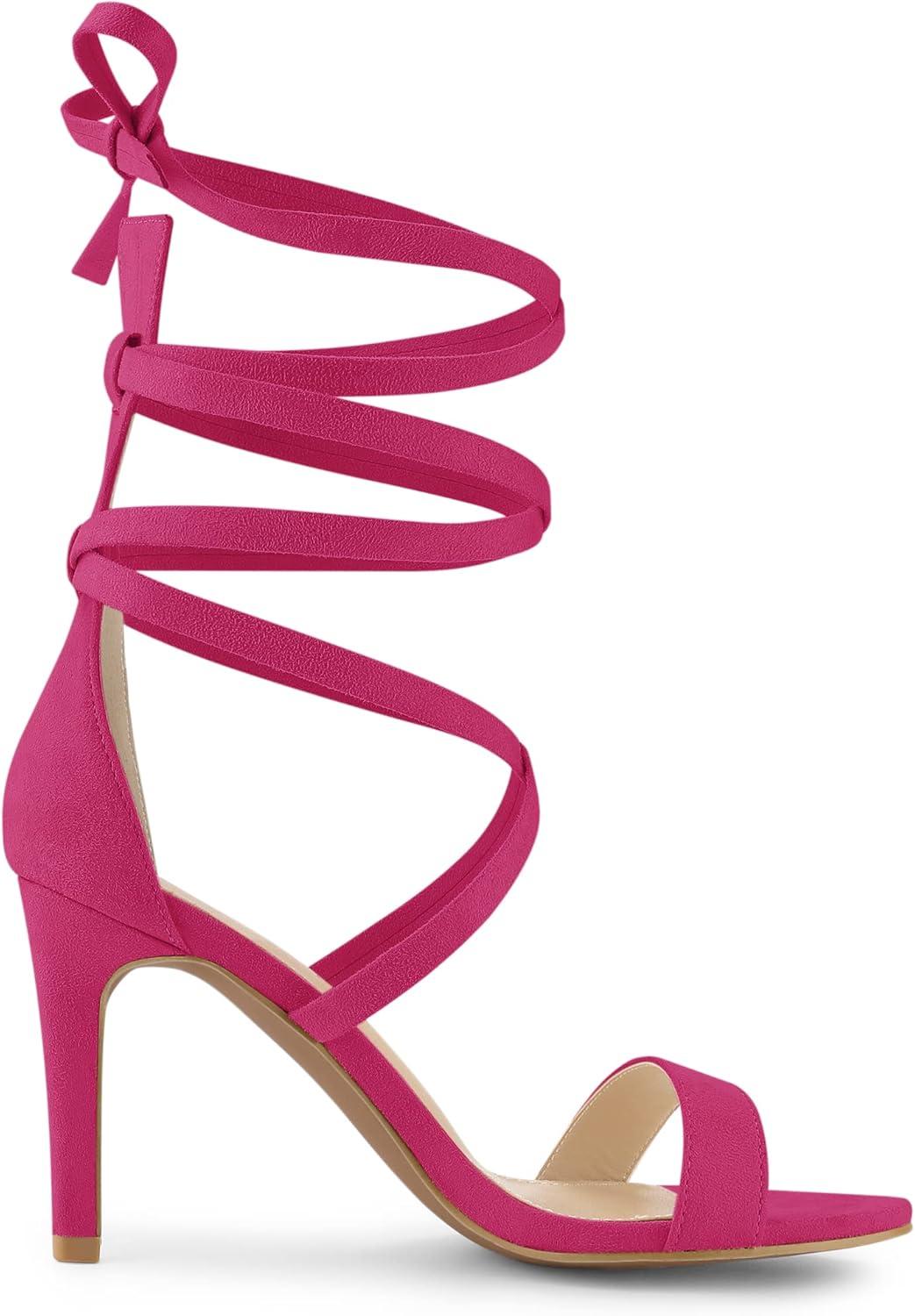 imageAllegra K Womens Open Toe Stiletto Heel Lace Up Heels SandalsHot Pink