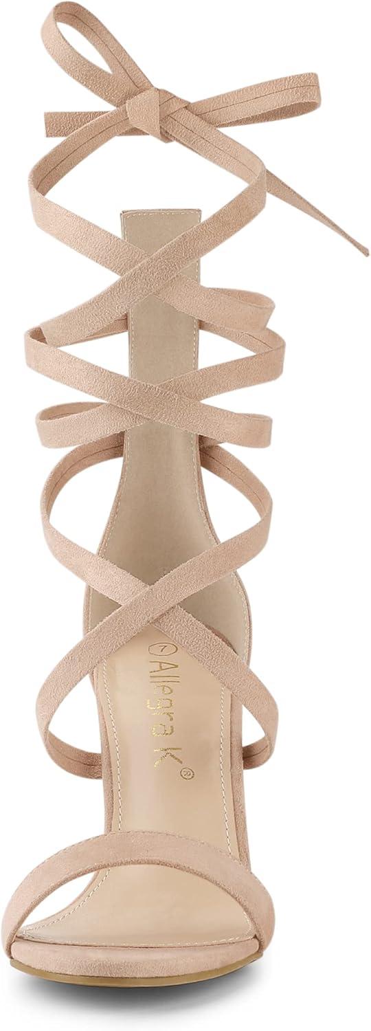imageAllegra K Womens Open Toe Stiletto Heel Lace Up Heels SandalsNude