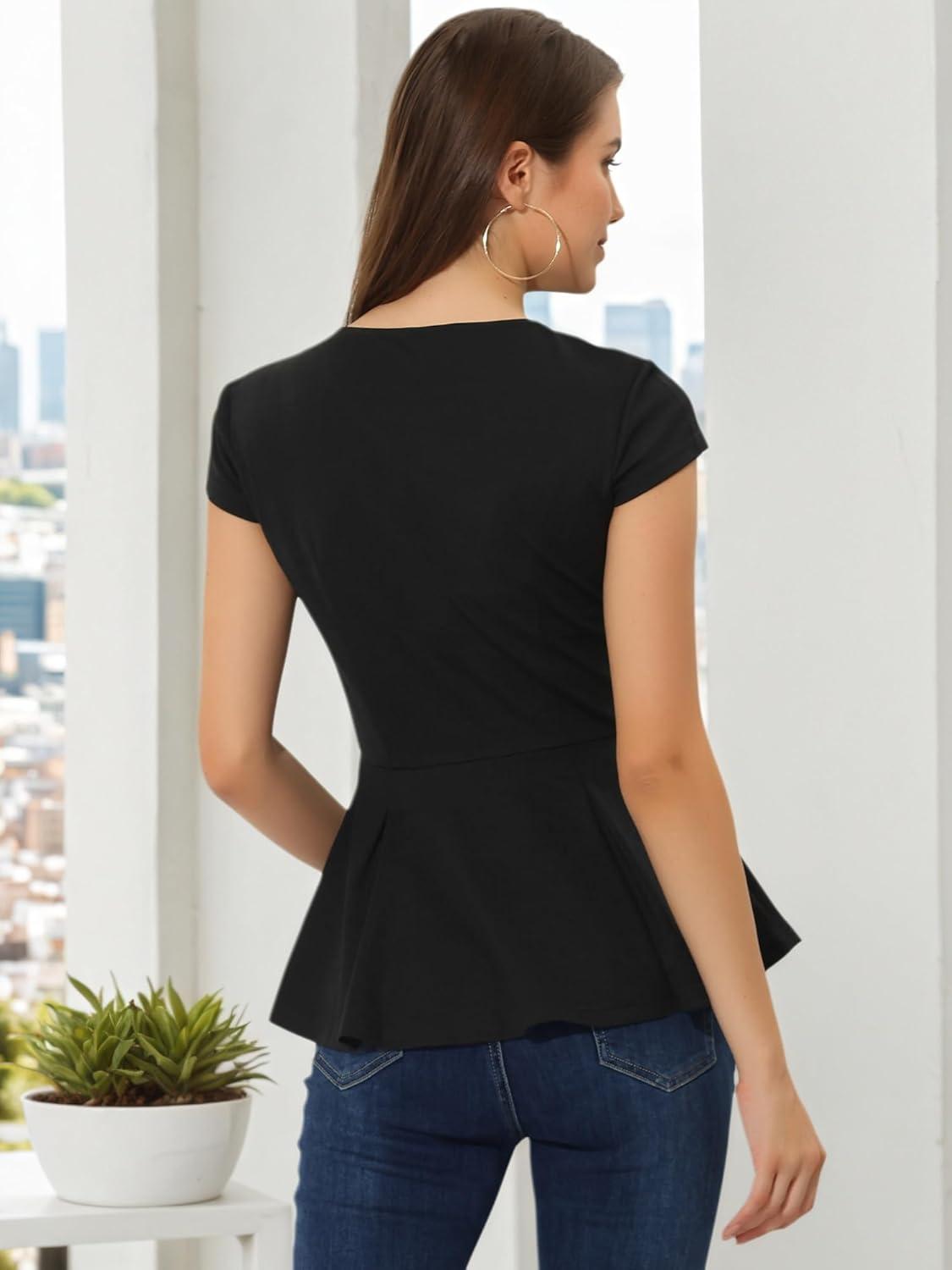 imageAllegra K Womens Peplum Top Cap Sleeve Round Neck 2025 Summer Work Blouse Tops for Business CasualBlack