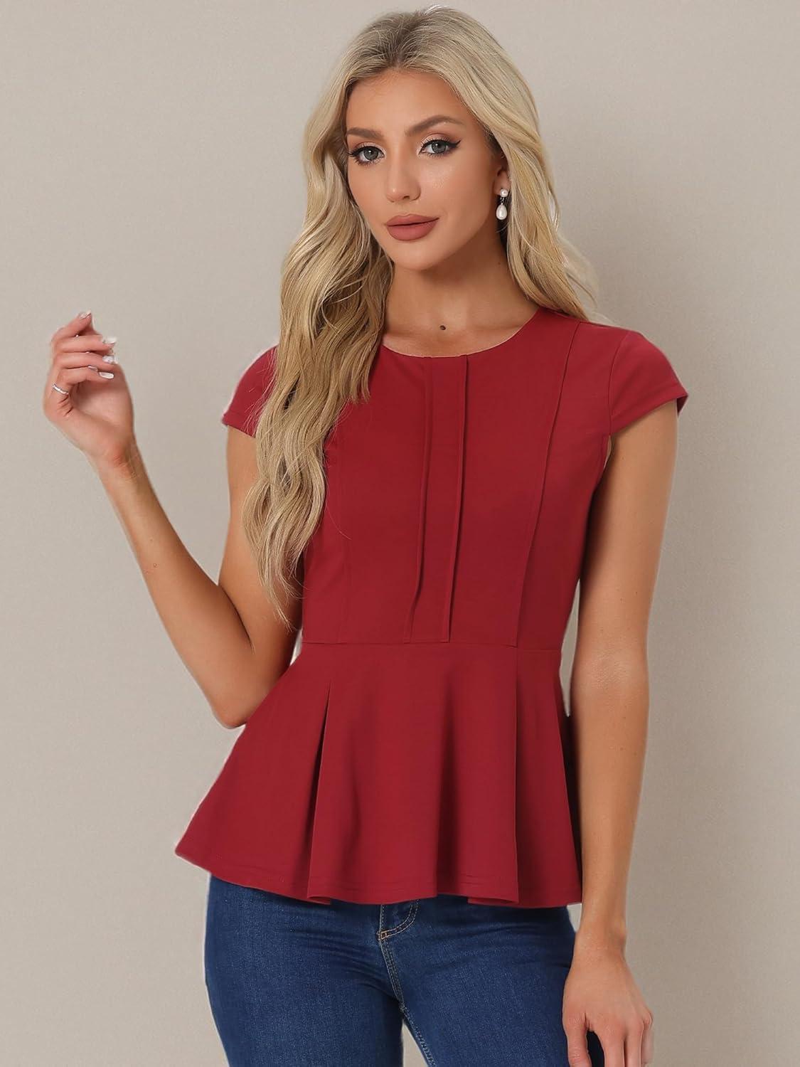 imageAllegra K Womens Peplum Top Cap Sleeve Round Neck 2025 Summer Work Blouse Tops for Business CasualDark Red