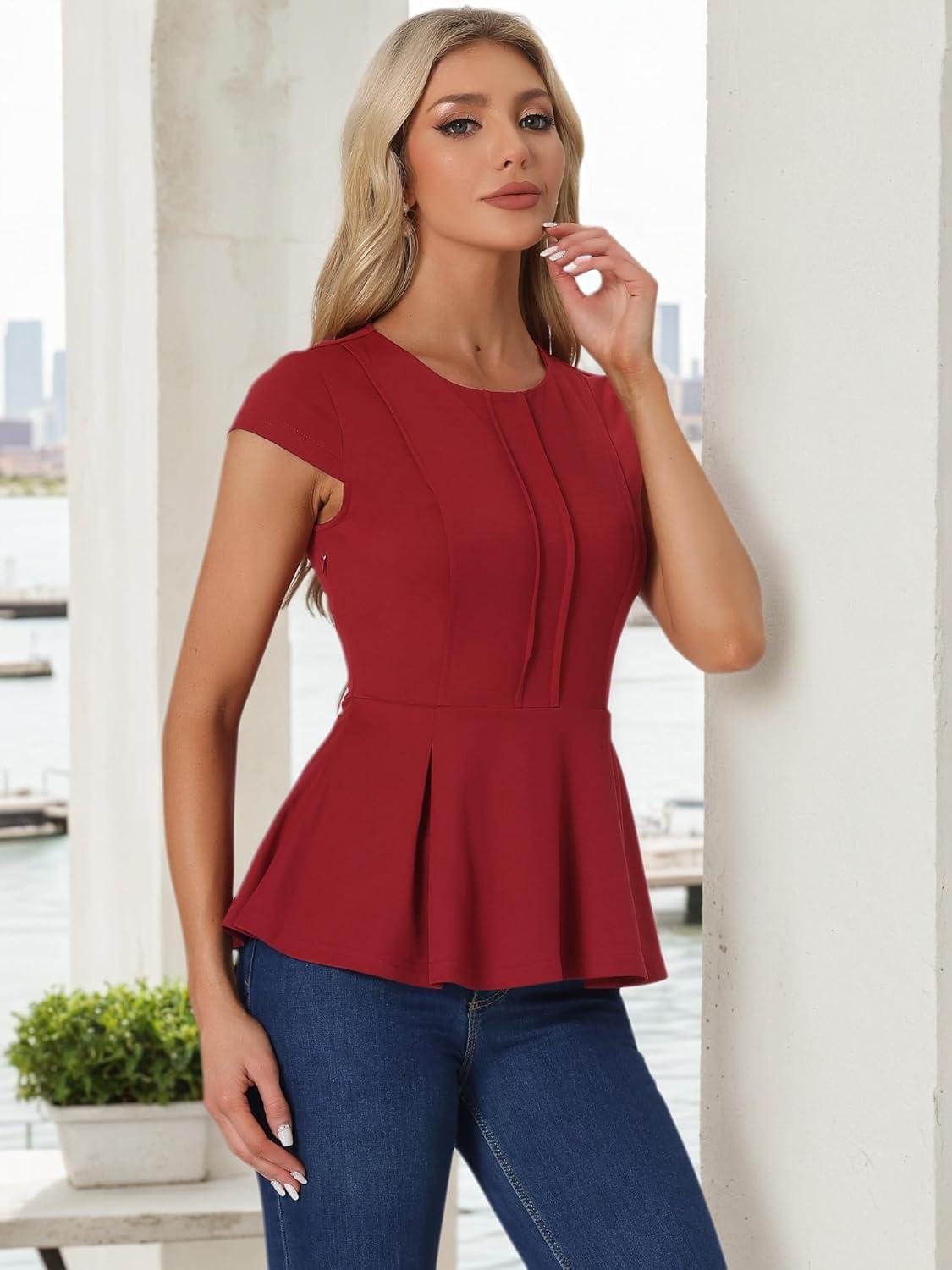 imageAllegra K Womens Peplum Top Cap Sleeve Round Neck 2025 Summer Work Blouse Tops for Business CasualDark Red