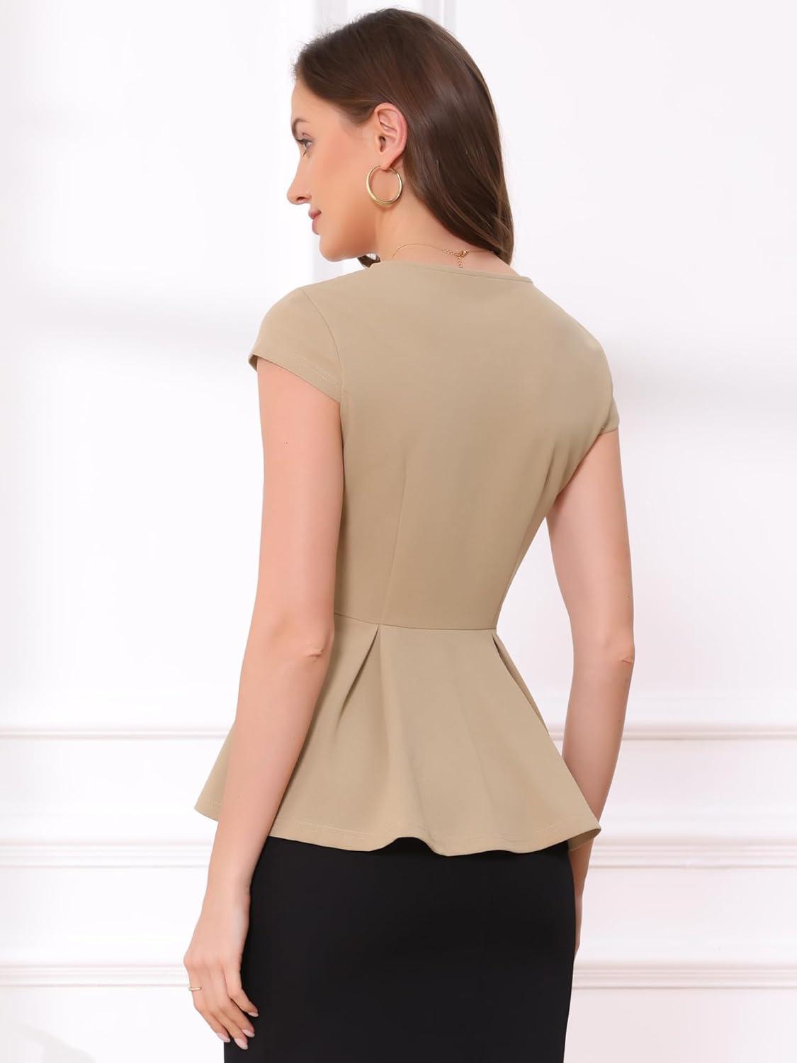 imageAllegra K Womens Peplum Top Cap Sleeve Round Neck 2025 Summer Work Blouse Tops for Business CasualKhaki