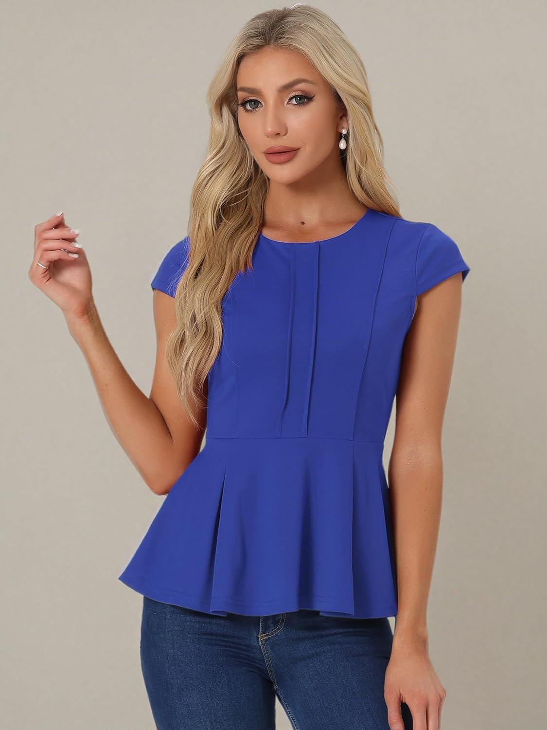 imageAllegra K Womens Peplum Top Cap Sleeve Round Neck 2025 Summer Work Blouse Tops for Business CasualRoyal Blue