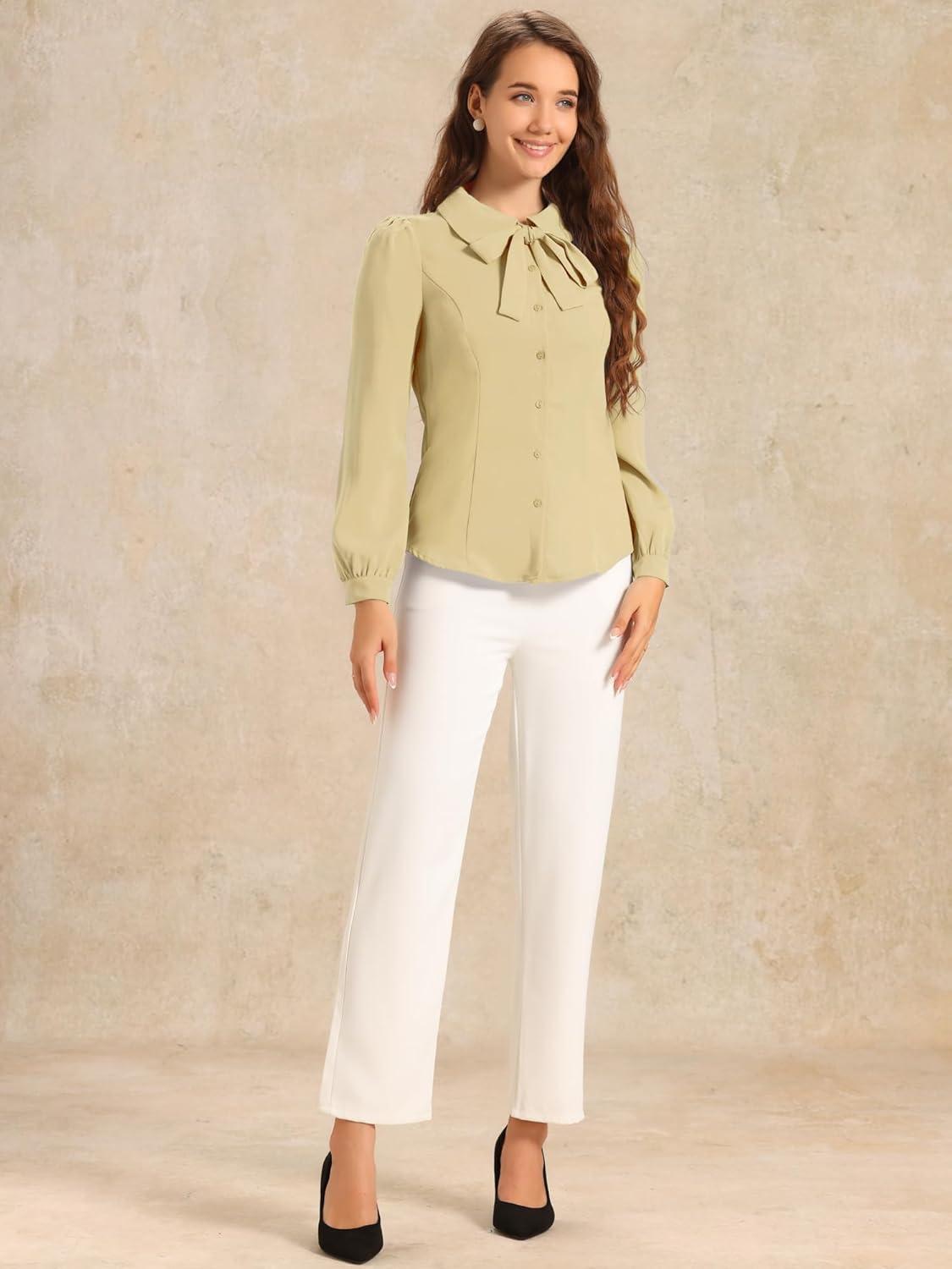 imageAllegra K Womens Peter Pan Collar Blouse Bow Tie Neck Vintage Casual Office Button Up ShirtApricot