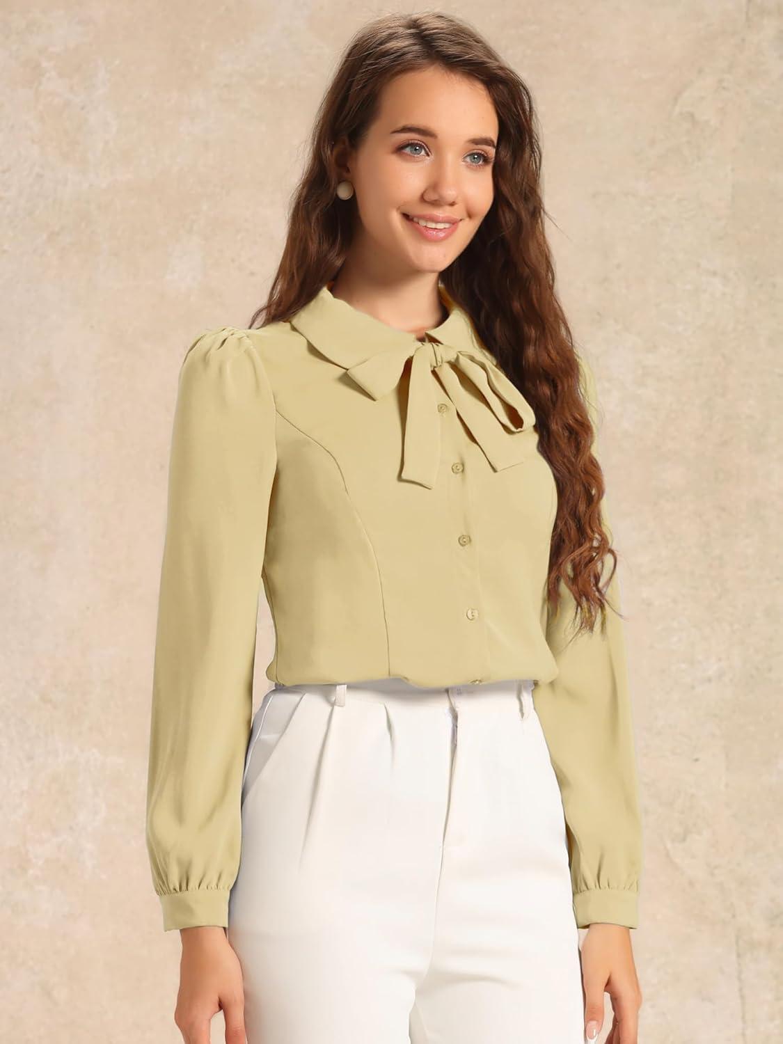 imageAllegra K Womens Peter Pan Collar Blouse Bow Tie Neck Vintage Casual Office Button Up ShirtApricot