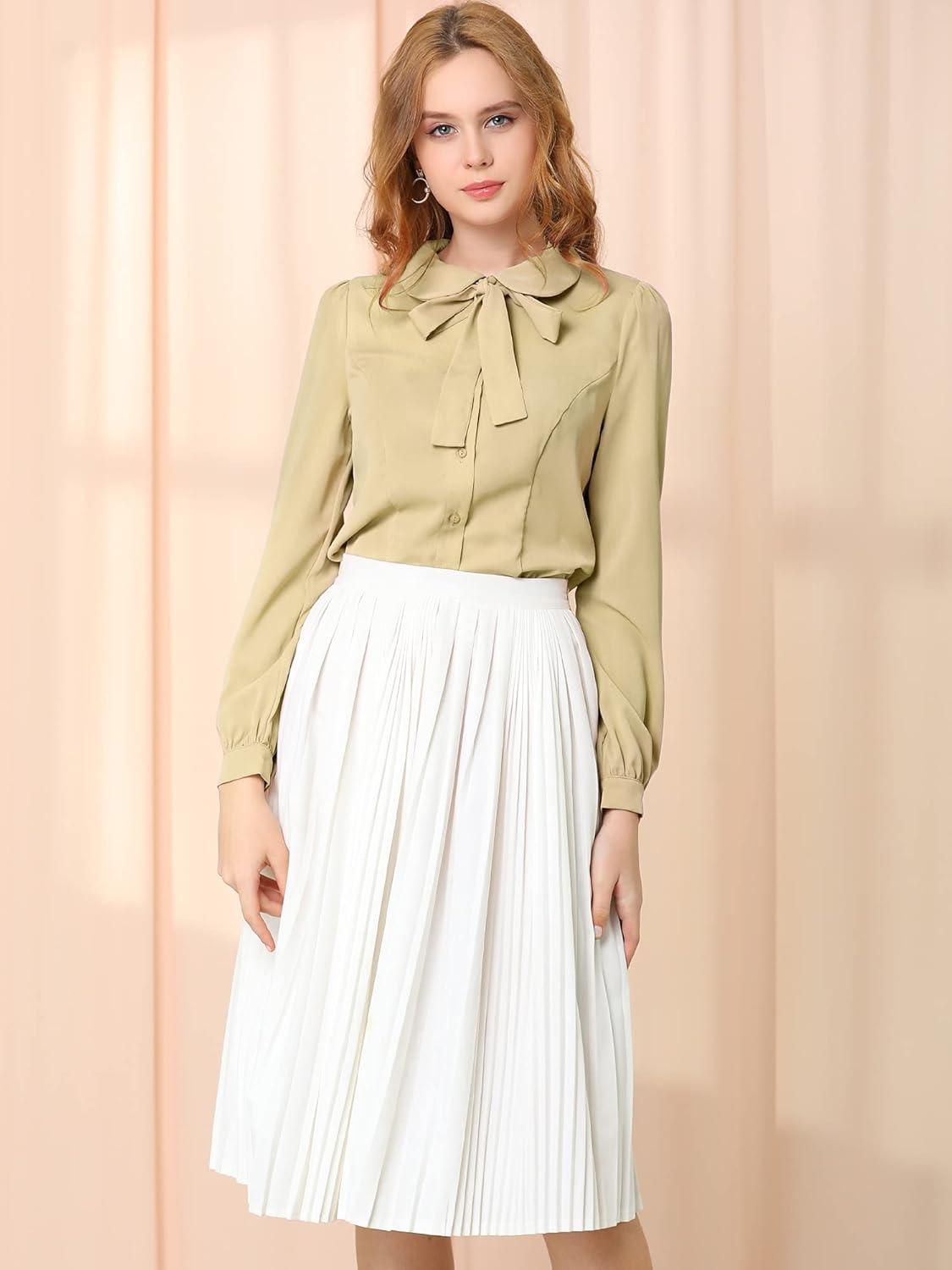 imageAllegra K Womens Peter Pan Collar Blouse Bow Tie Neck Vintage Casual Office Button Up ShirtApricot