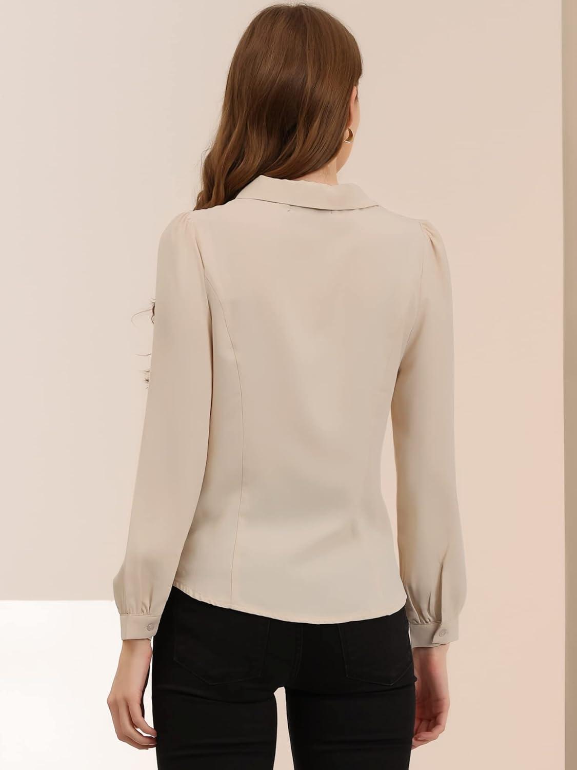 imageAllegra K Womens Peter Pan Collar Blouse Bow Tie Neck Vintage Casual Office Button Up ShirtBeige