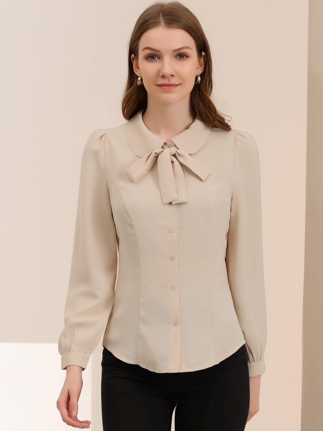 imageAllegra K Womens Peter Pan Collar Blouse Bow Tie Neck Vintage Casual Office Button Up ShirtBeige