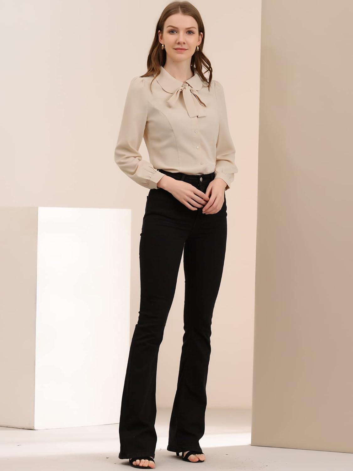 imageAllegra K Womens Peter Pan Collar Blouse Bow Tie Neck Vintage Casual Office Button Up ShirtBeige