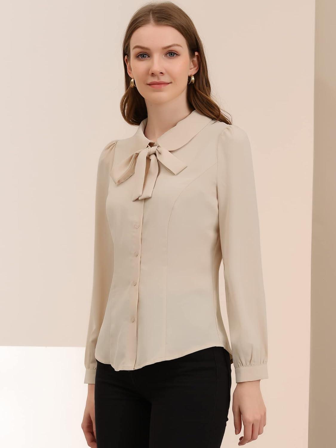 imageAllegra K Womens Peter Pan Collar Blouse Bow Tie Neck Vintage Casual Office Button Up ShirtBeige