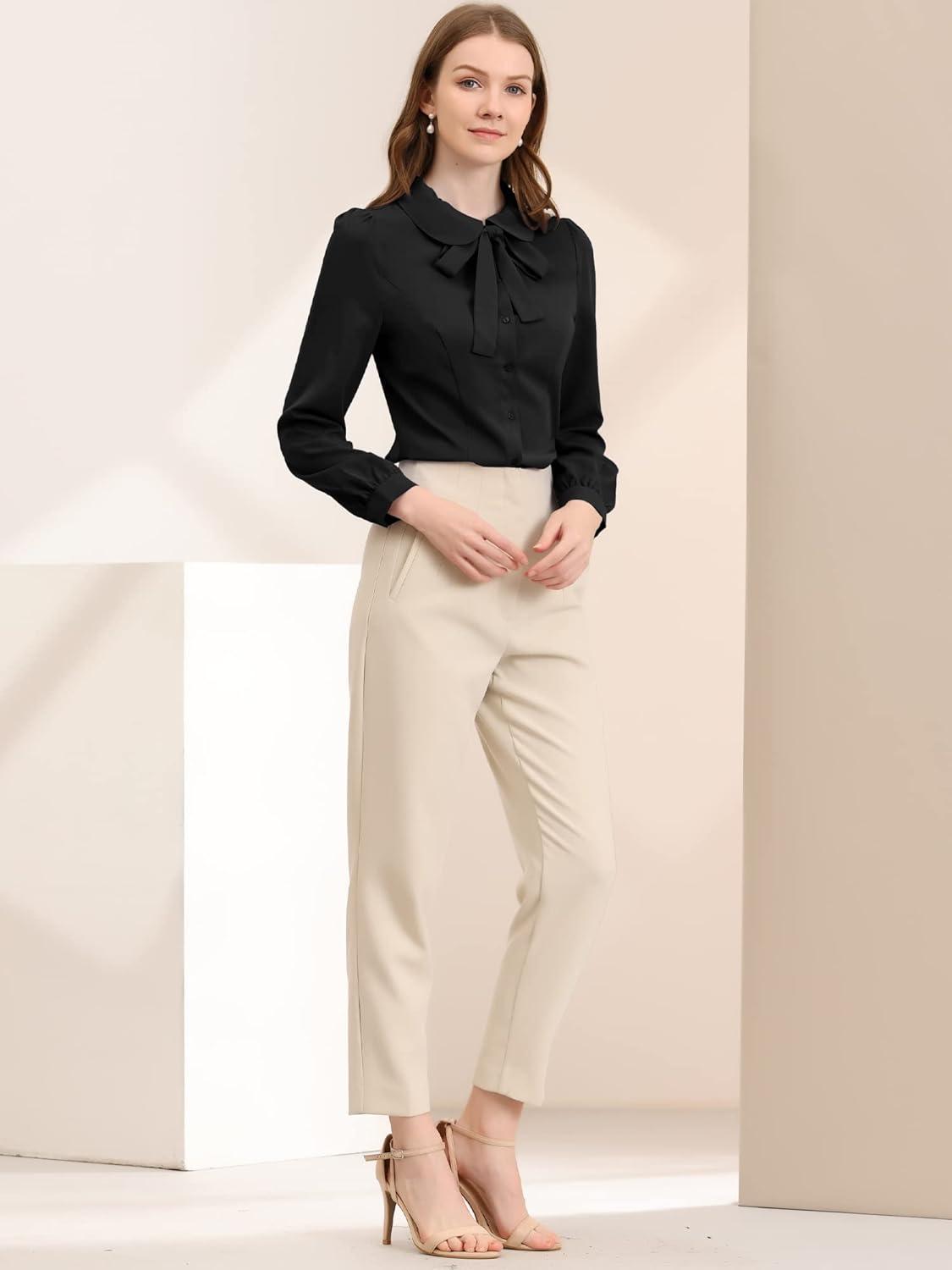imageAllegra K Womens Peter Pan Collar Blouse Bow Tie Neck Vintage Casual Office Button Up ShirtBlack