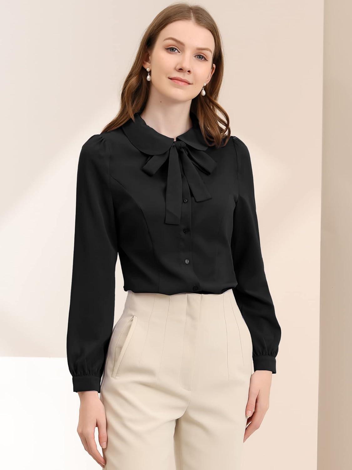 imageAllegra K Womens Peter Pan Collar Blouse Bow Tie Neck Vintage Casual Office Button Up ShirtBlack