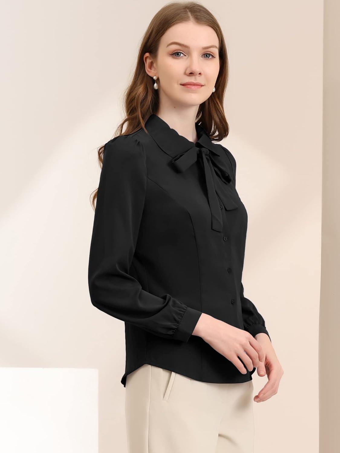 imageAllegra K Womens Peter Pan Collar Blouse Bow Tie Neck Vintage Casual Office Button Up ShirtBlack