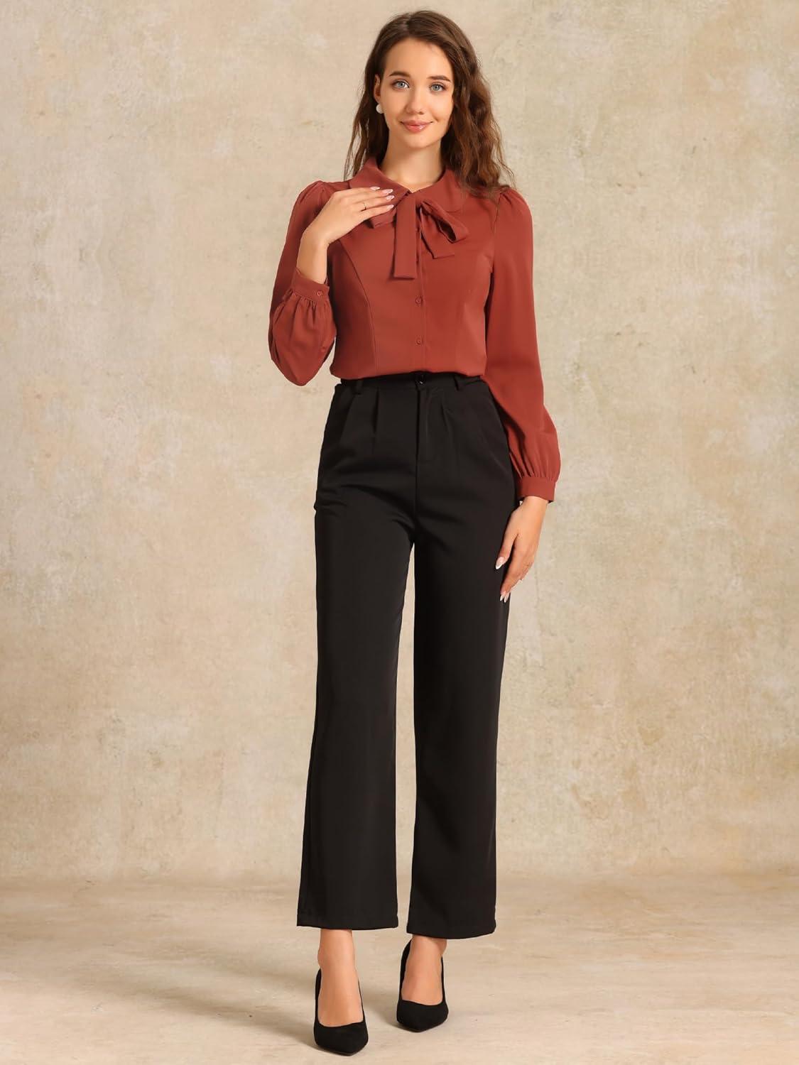 imageAllegra K Womens Peter Pan Collar Blouse Bow Tie Neck Vintage Casual Office Button Up ShirtBrick Red