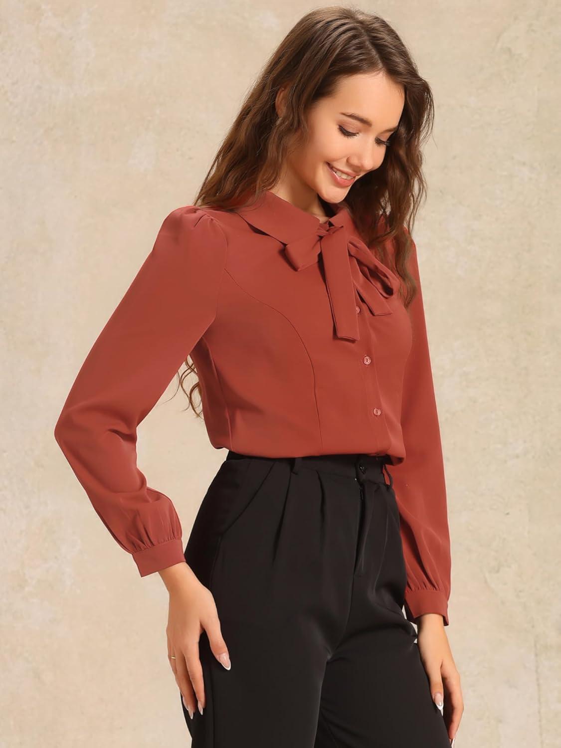 imageAllegra K Womens Peter Pan Collar Blouse Bow Tie Neck Vintage Casual Office Button Up ShirtBrick Red