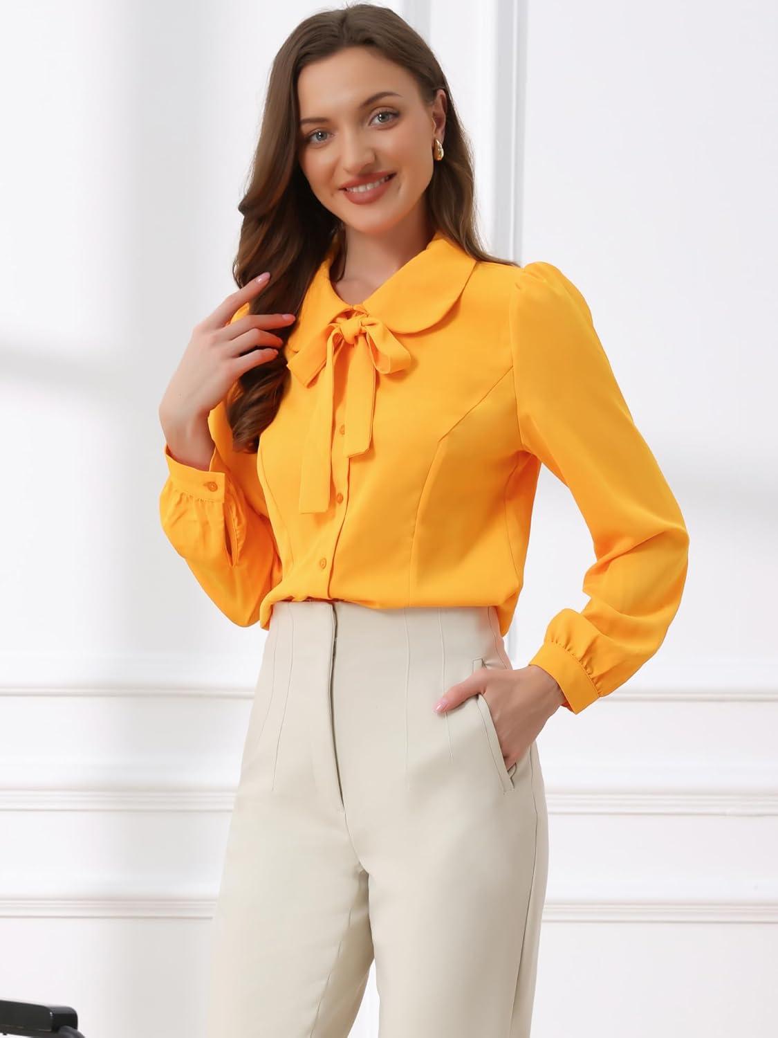 imageAllegra K Womens Peter Pan Collar Blouse Bow Tie Neck Vintage Casual Office Button Up ShirtBright Yellow