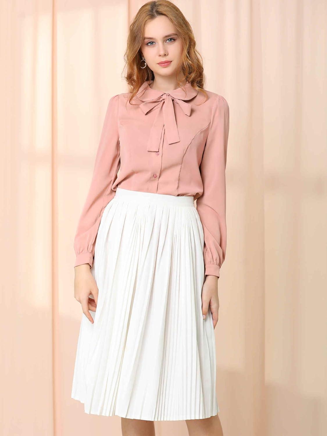 imageAllegra K Womens Peter Pan Collar Blouse Bow Tie Neck Vintage Casual Office Button Up ShirtCoral Pink