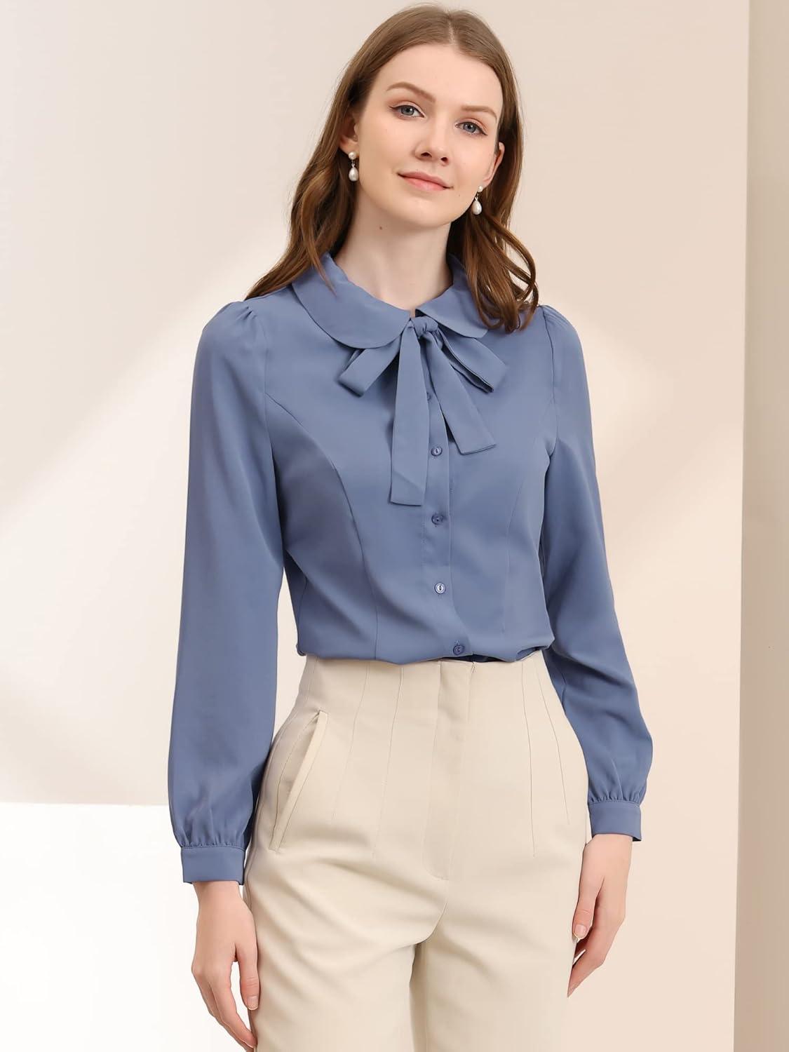 imageAllegra K Womens Peter Pan Collar Blouse Bow Tie Neck Vintage Casual Office Button Up ShirtDusty Blue