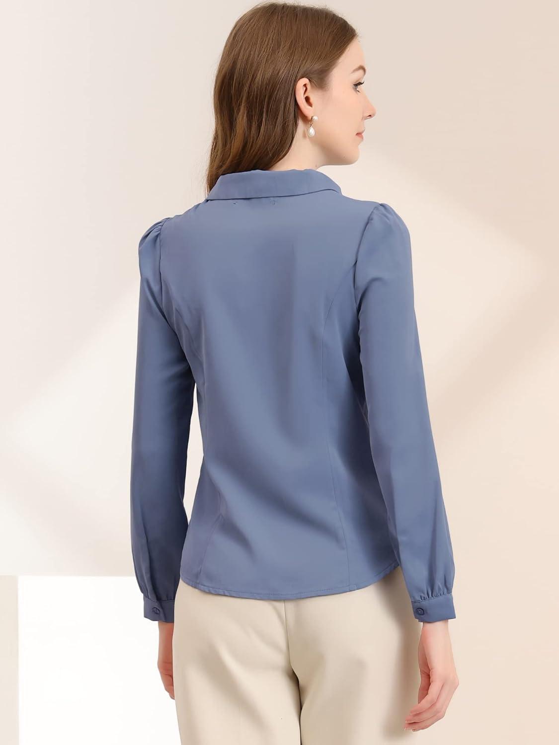 imageAllegra K Womens Peter Pan Collar Blouse Bow Tie Neck Vintage Casual Office Button Up ShirtDusty Blue