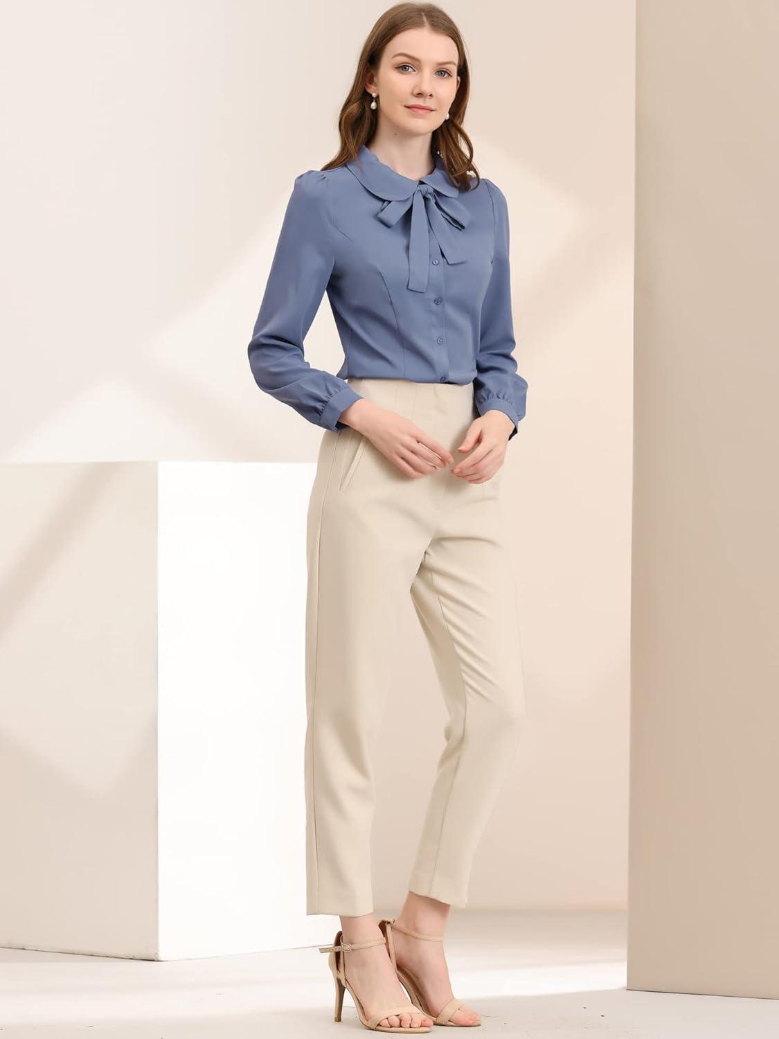 imageAllegra K Womens Peter Pan Collar Blouse Bow Tie Neck Vintage Casual Office Button Up ShirtDusty Blue