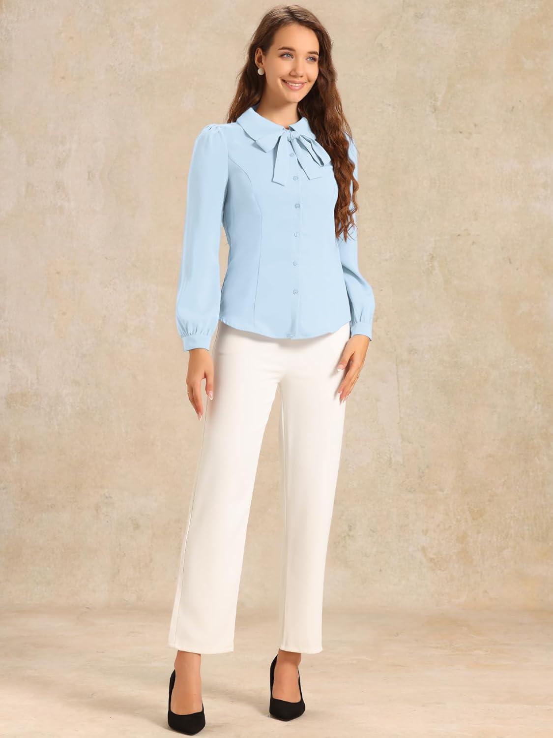 imageAllegra K Womens Peter Pan Collar Blouse Bow Tie Neck Vintage Casual Office Button Up ShirtLight Blue