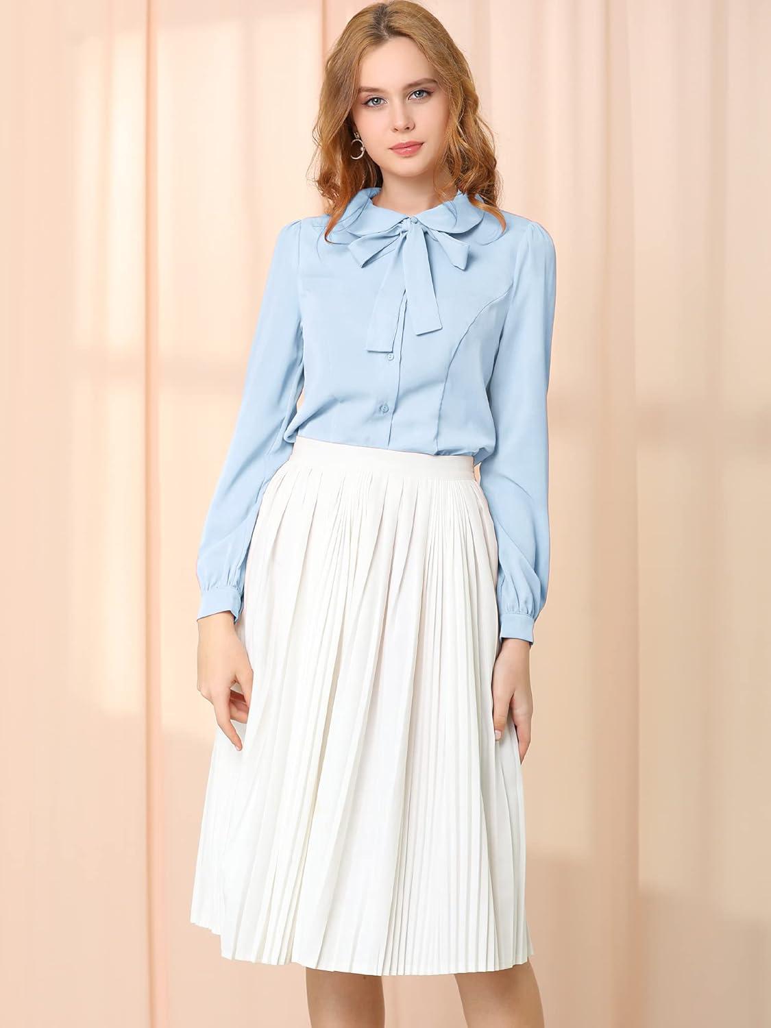 imageAllegra K Womens Peter Pan Collar Blouse Bow Tie Neck Vintage Casual Office Button Up ShirtLight Blue
