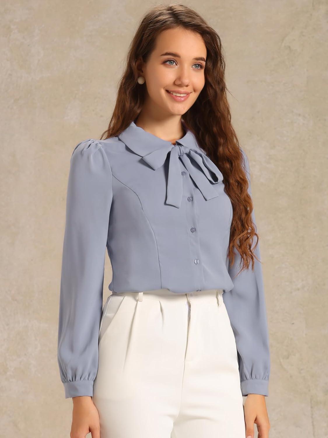 imageAllegra K Womens Peter Pan Collar Blouse Bow Tie Neck Vintage Casual Office Button Up ShirtLight Gray