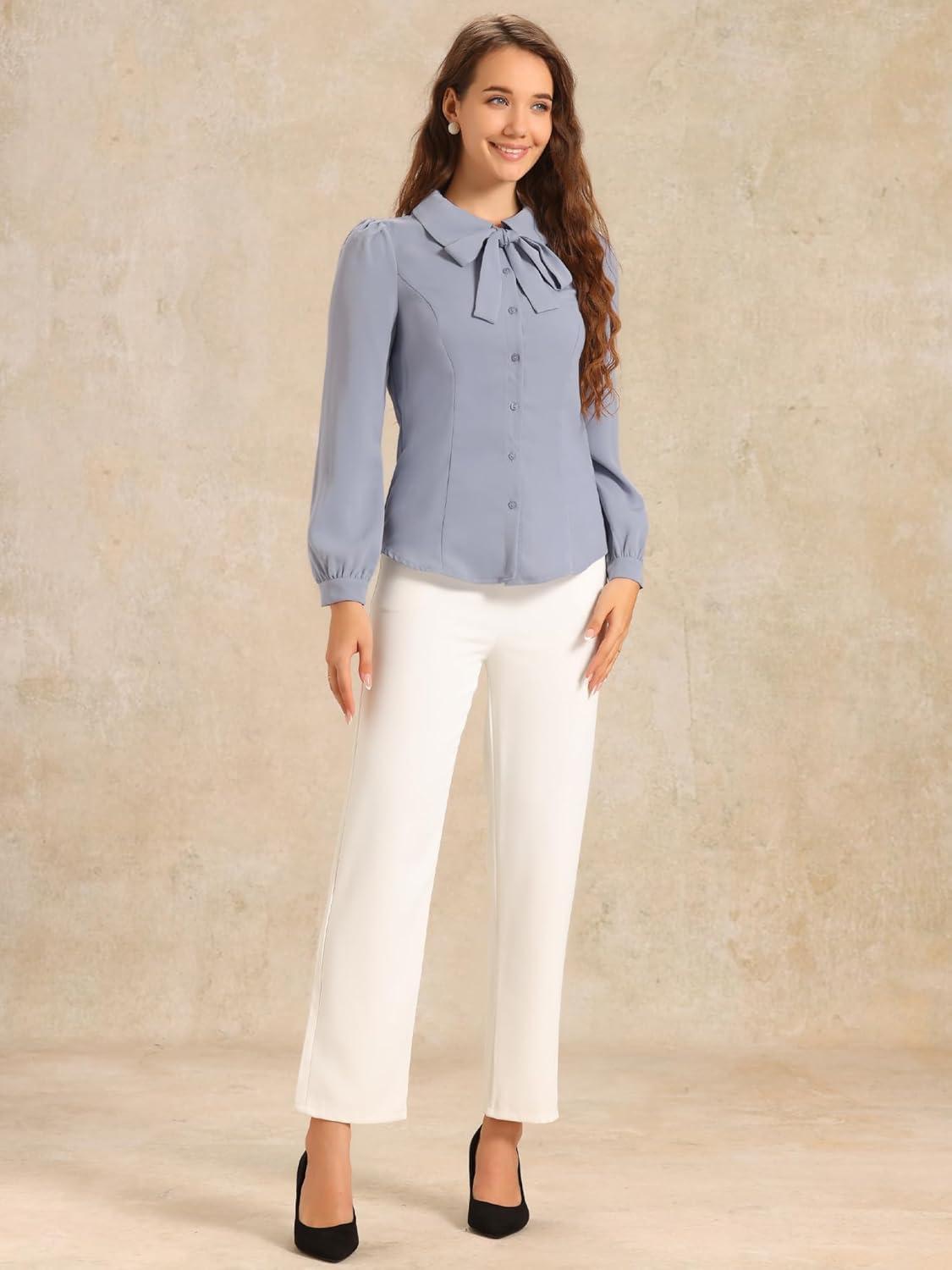 imageAllegra K Womens Peter Pan Collar Blouse Bow Tie Neck Vintage Casual Office Button Up ShirtLight Gray