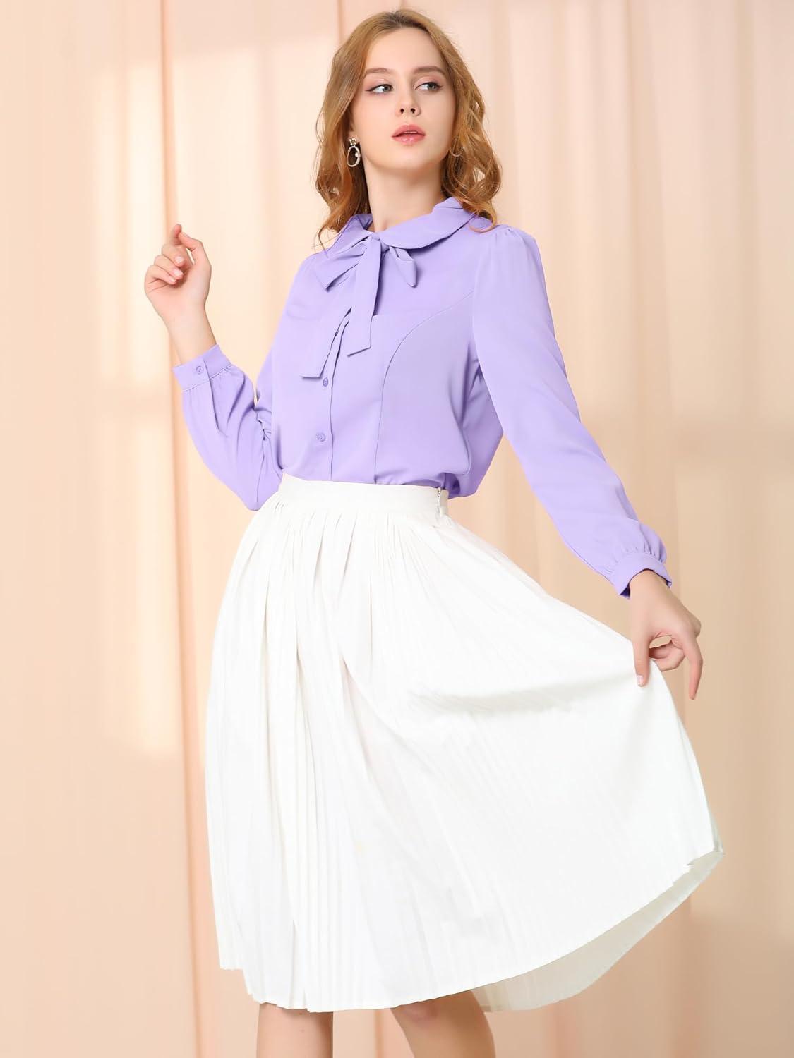 imageAllegra K Womens Peter Pan Collar Blouse Bow Tie Neck Vintage Casual Office Button Up ShirtLight Purple