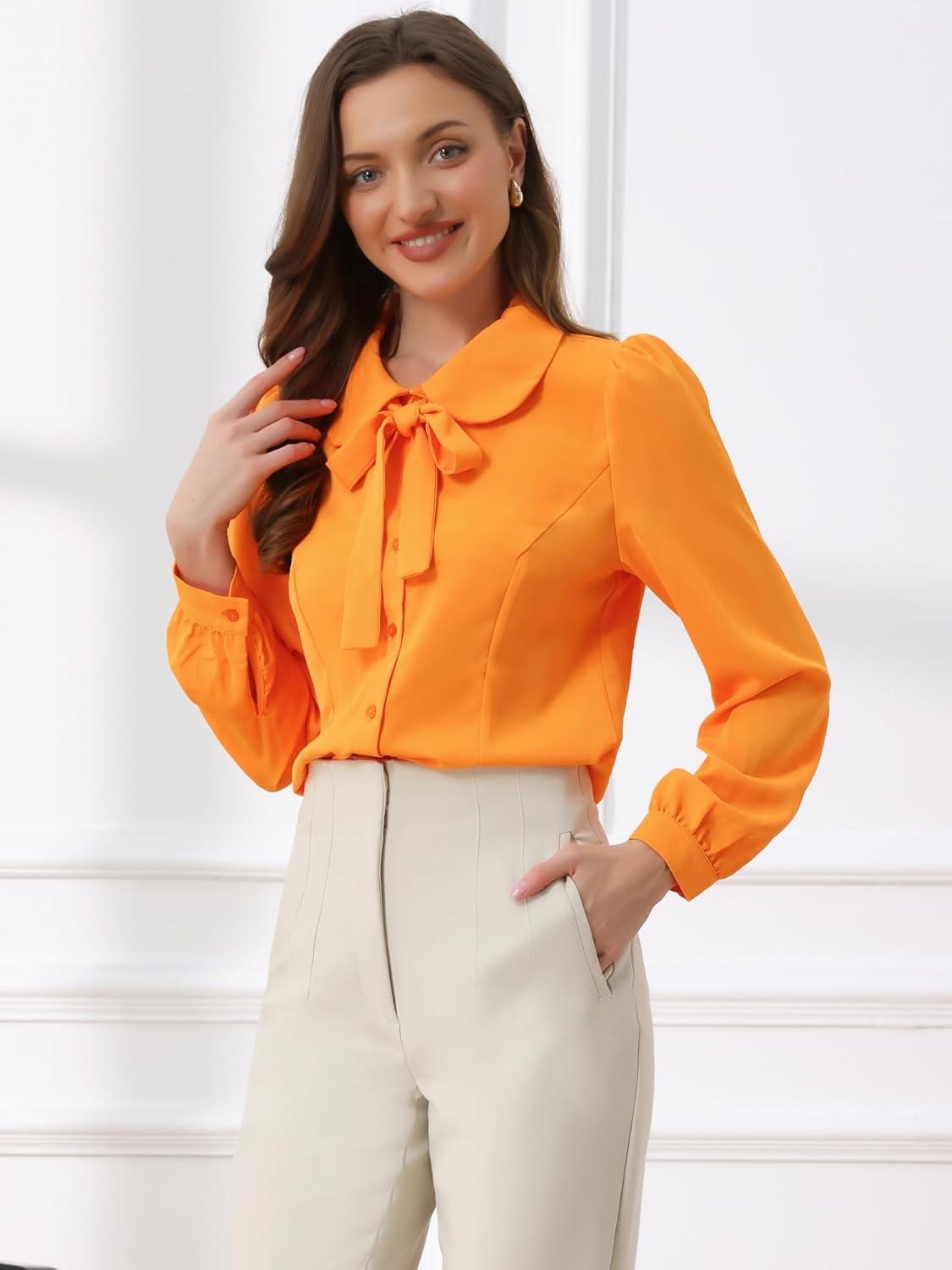 imageAllegra K Womens Peter Pan Collar Blouse Bow Tie Neck Vintage Casual Office Button Up ShirtOrange