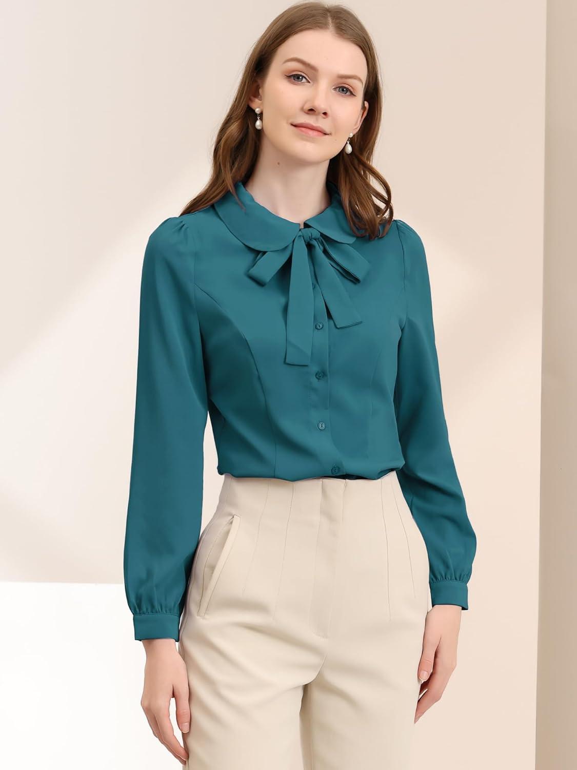 imageAllegra K Womens Peter Pan Collar Blouse Bow Tie Neck Vintage Casual Office Button Up ShirtPeacock Blue