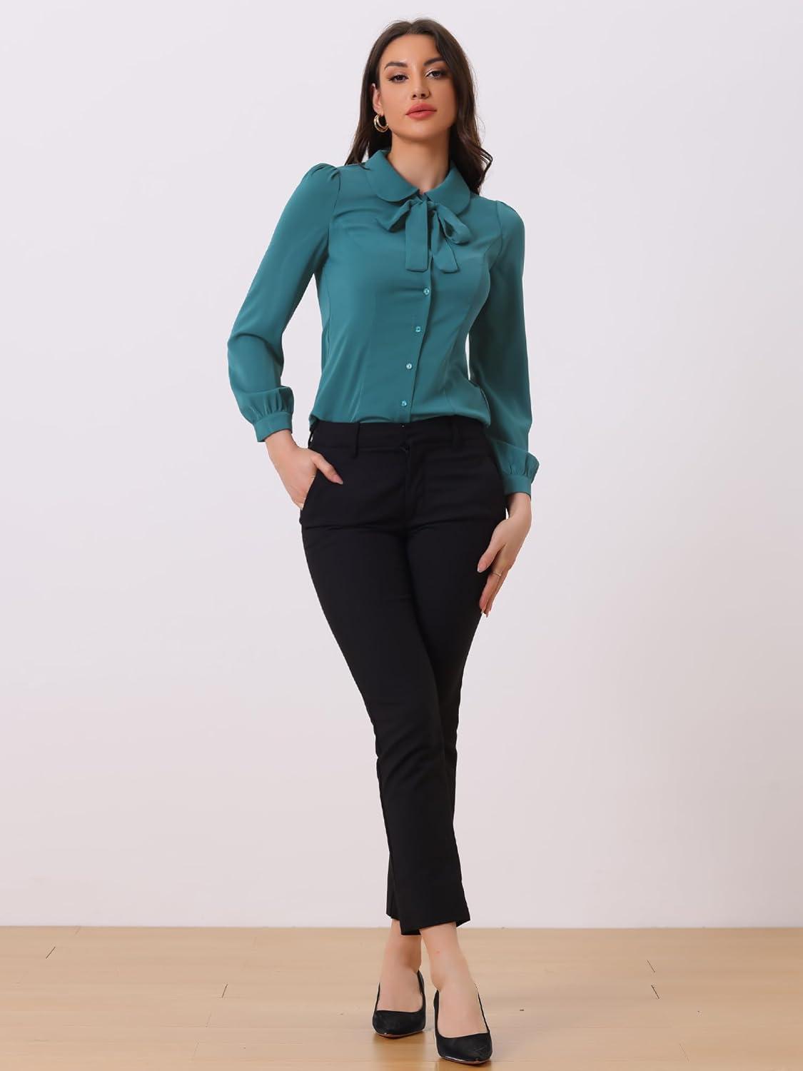 imageAllegra K Womens Peter Pan Collar Blouse Bow Tie Neck Vintage Casual Office Button Up ShirtPeacock Blue