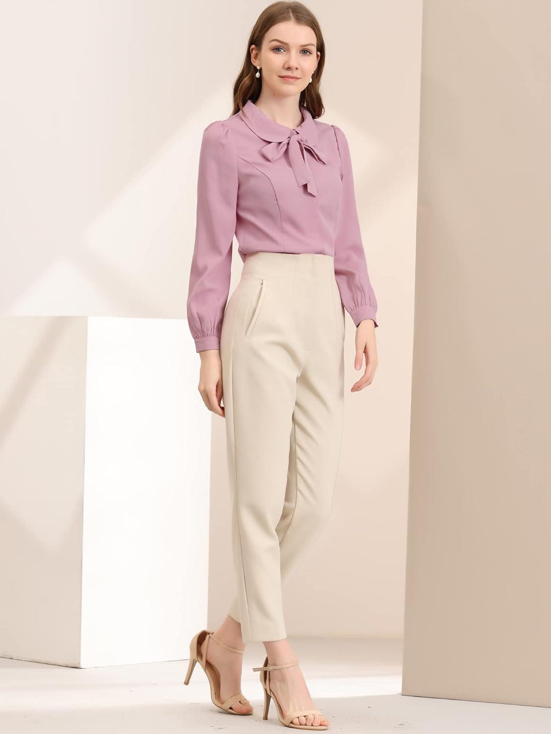 imageAllegra K Womens Peter Pan Collar Blouse Bow Tie Neck Vintage Casual Office Button Up ShirtPink