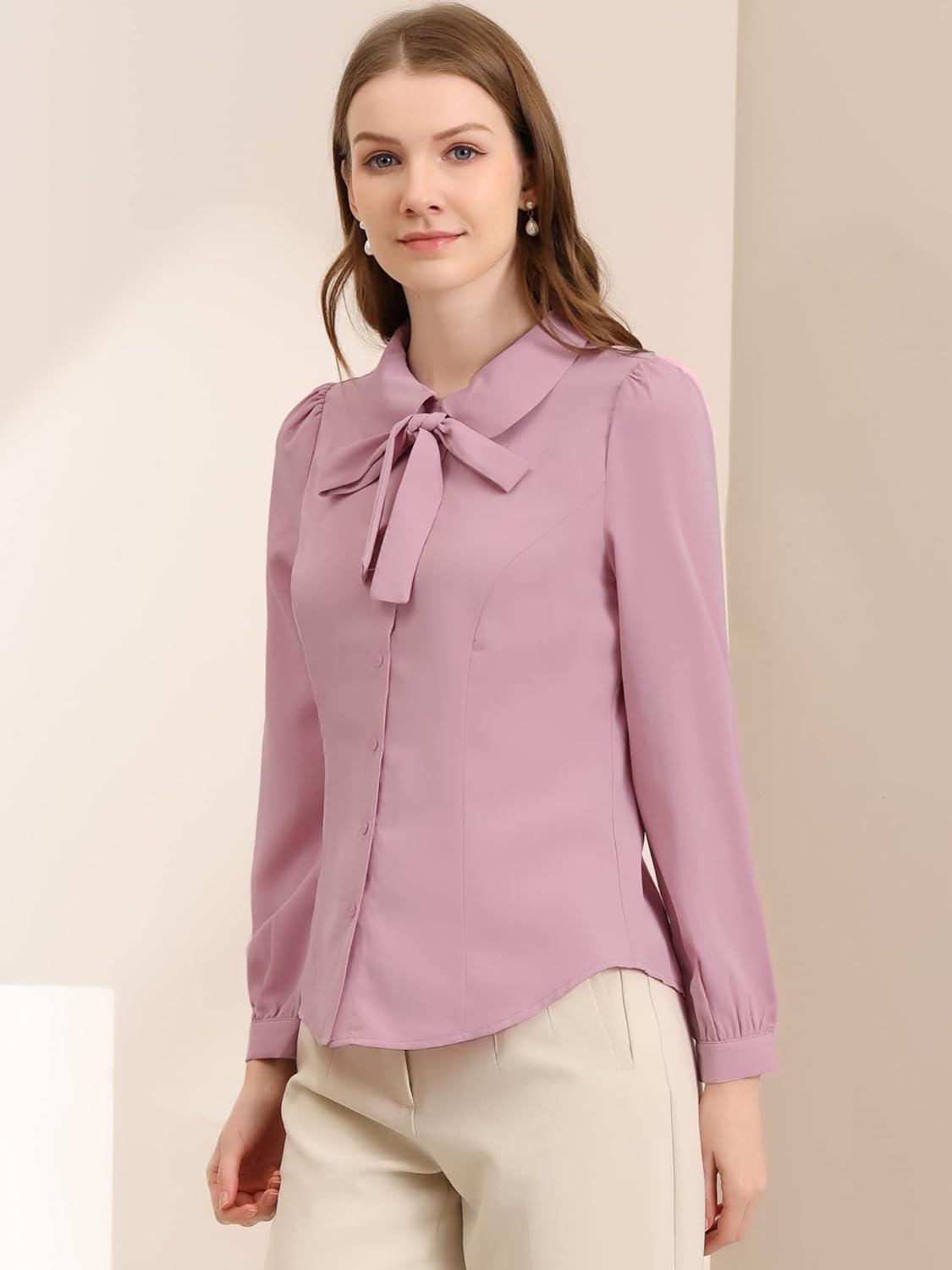 imageAllegra K Womens Peter Pan Collar Blouse Bow Tie Neck Vintage Casual Office Button Up ShirtPink