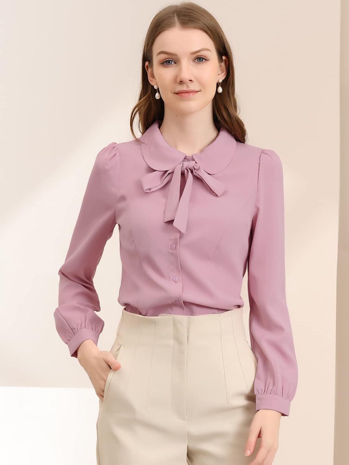 imageAllegra K Womens Peter Pan Collar Blouse Bow Tie Neck Vintage Casual Office Button Up ShirtPink