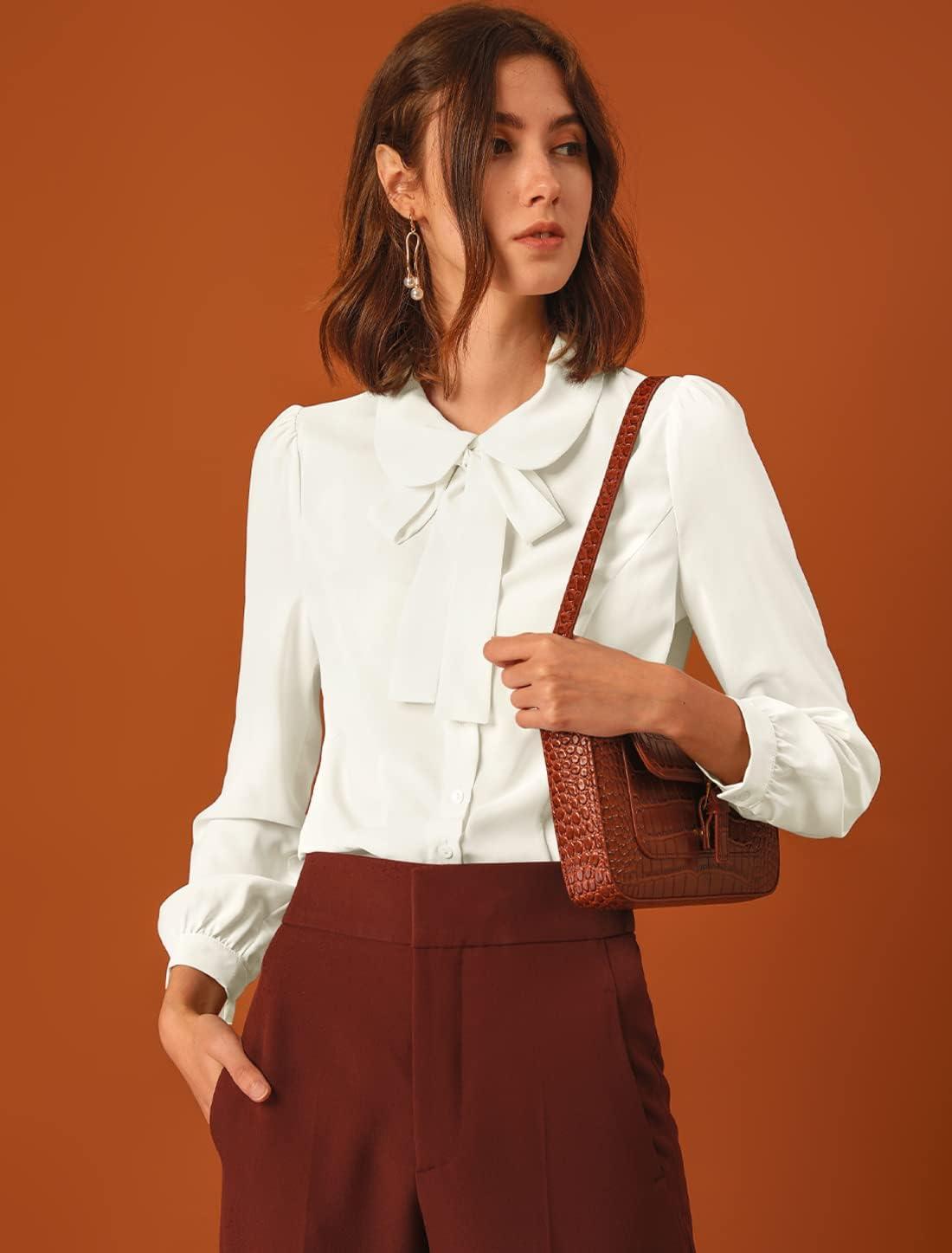 imageAllegra K Womens Peter Pan Collar Blouse Bow Tie Neck Vintage Casual Office Button Up ShirtWhite