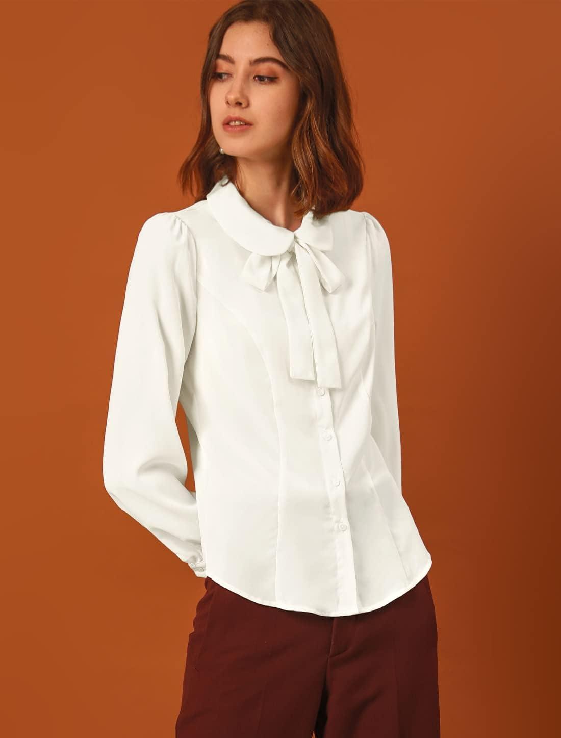 imageAllegra K Womens Peter Pan Collar Blouse Bow Tie Neck Vintage Casual Office Button Up ShirtWhite