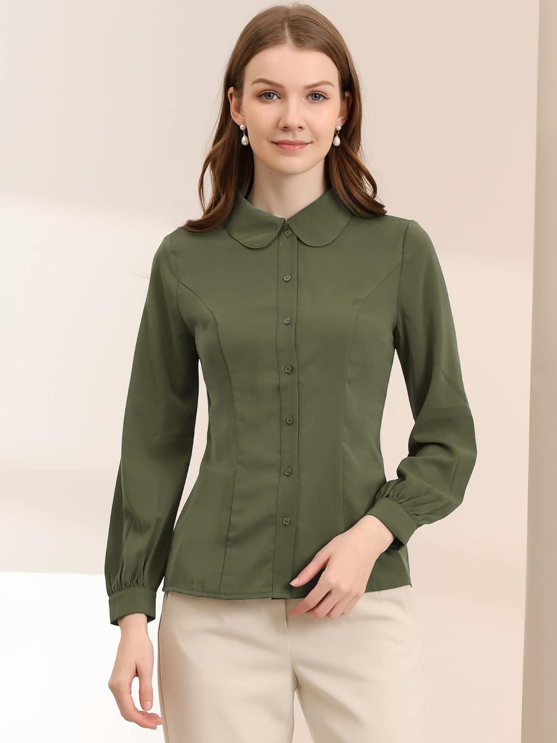 imageAllegra K Womens Peter Pan Collar Blouse Business Casual Long Sleeve Button Down Work ShirtArmy Green