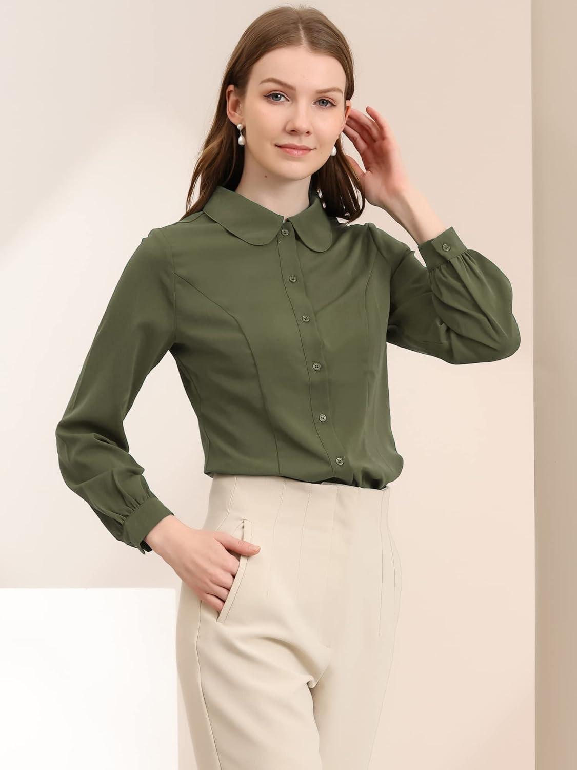 imageAllegra K Womens Peter Pan Collar Blouse Business Casual Long Sleeve Button Down Work ShirtArmy Green