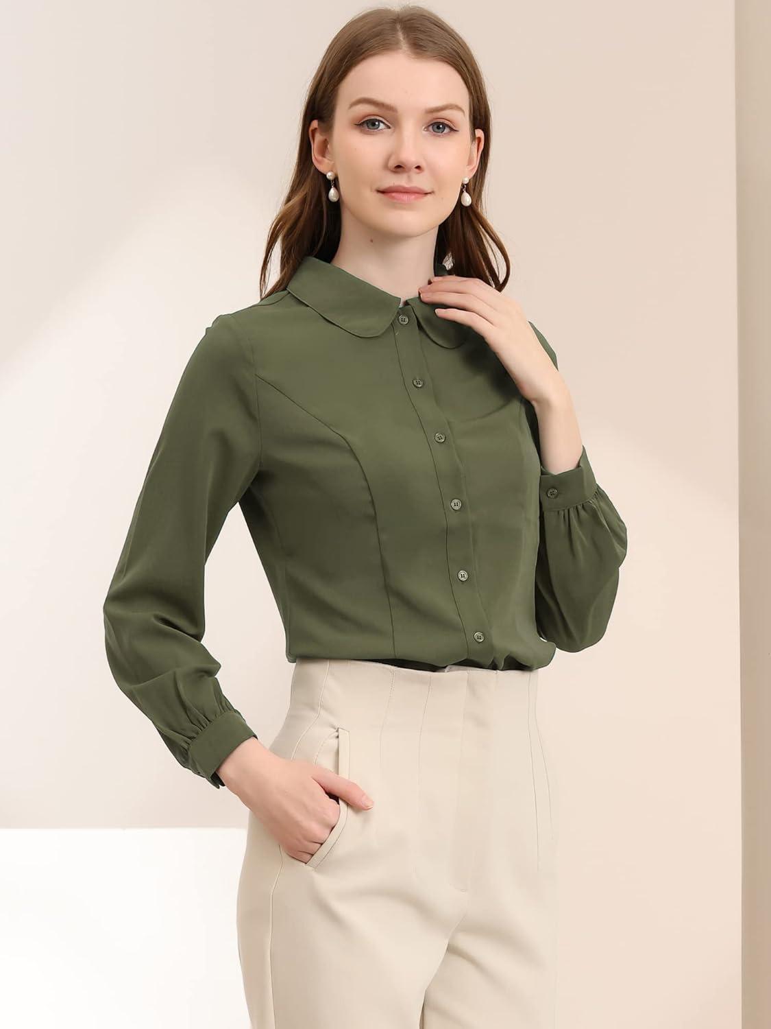 imageAllegra K Womens Peter Pan Collar Blouse Business Casual Long Sleeve Button Down Work ShirtArmy Green
