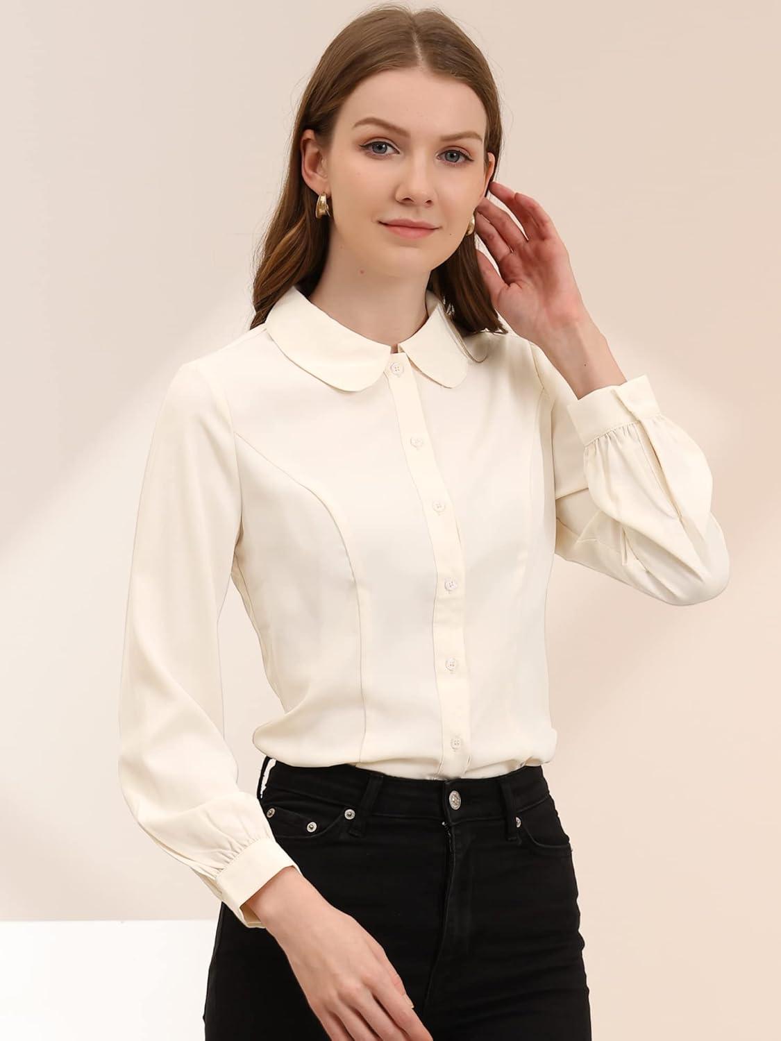 imageAllegra K Womens Peter Pan Collar Blouse Business Casual Long Sleeve Button Down Work ShirtBeige