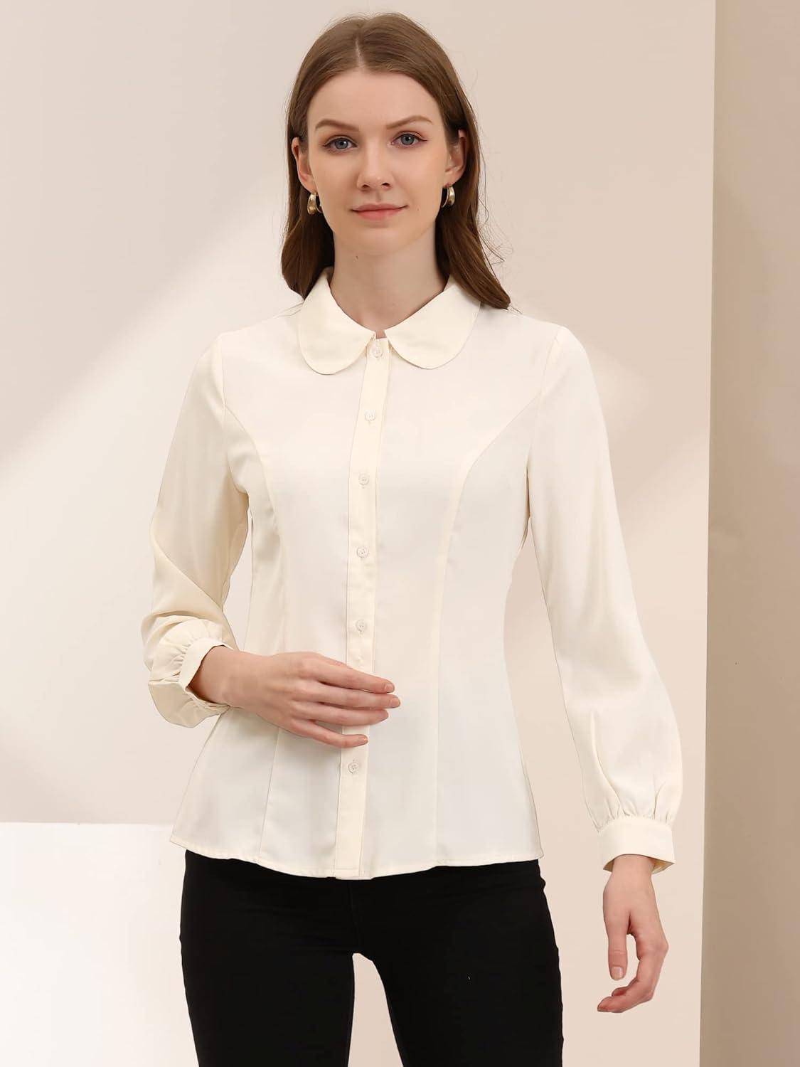 imageAllegra K Womens Peter Pan Collar Blouse Business Casual Long Sleeve Button Down Work ShirtBeige