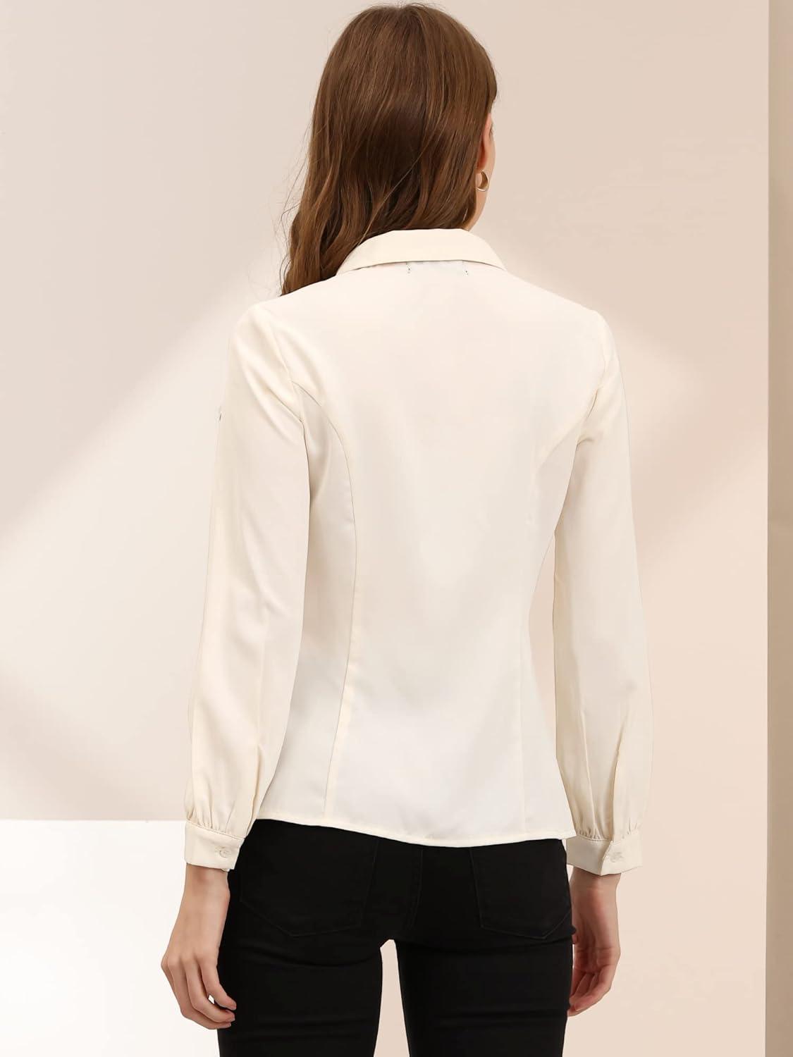 imageAllegra K Womens Peter Pan Collar Blouse Business Casual Long Sleeve Button Down Work ShirtBeige