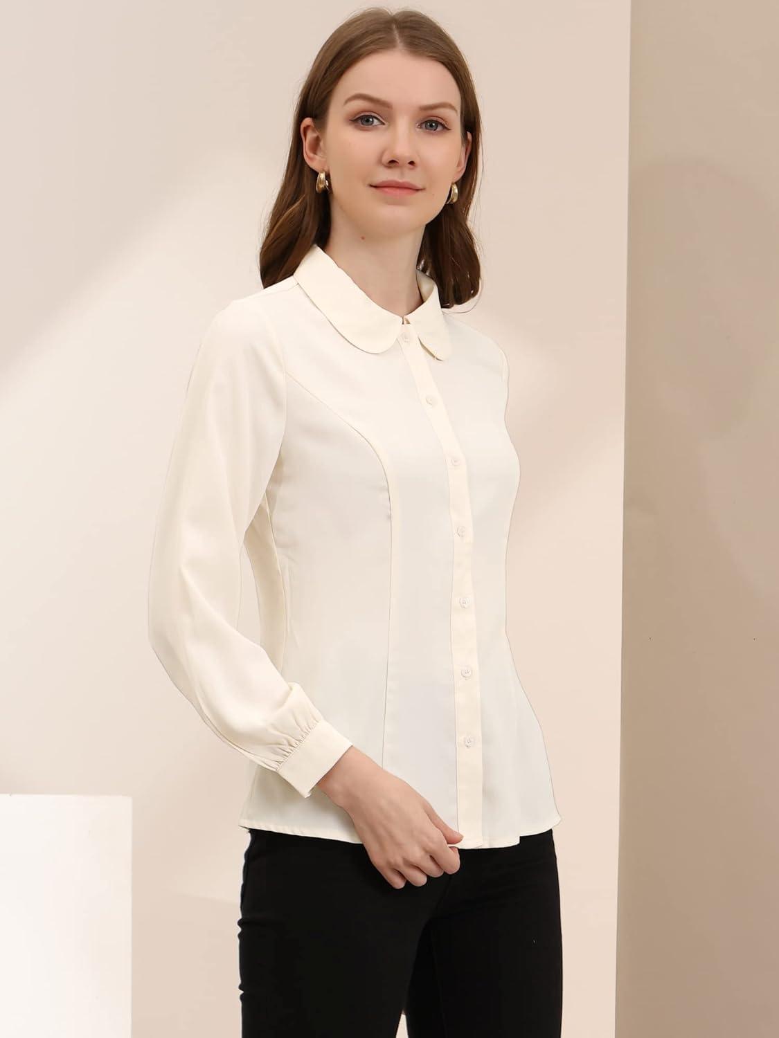 imageAllegra K Womens Peter Pan Collar Blouse Business Casual Long Sleeve Button Down Work ShirtBeige