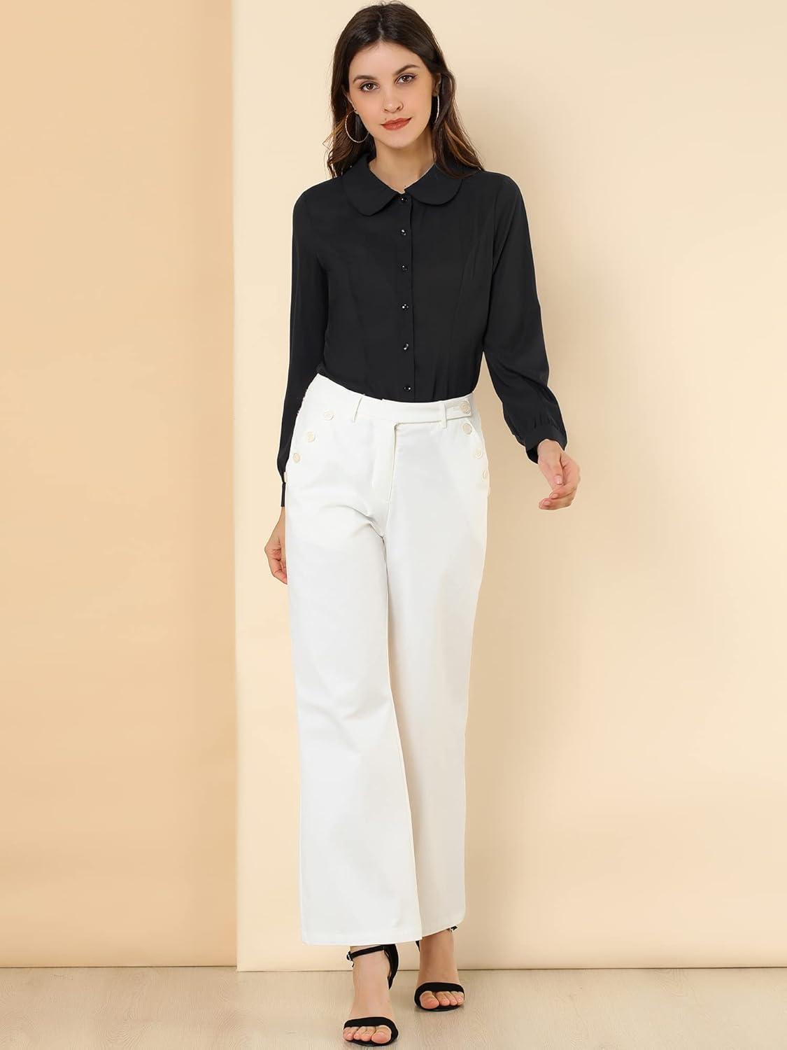 imageAllegra K Womens Peter Pan Collar Blouse Business Casual Long Sleeve Button Down Work ShirtBlack