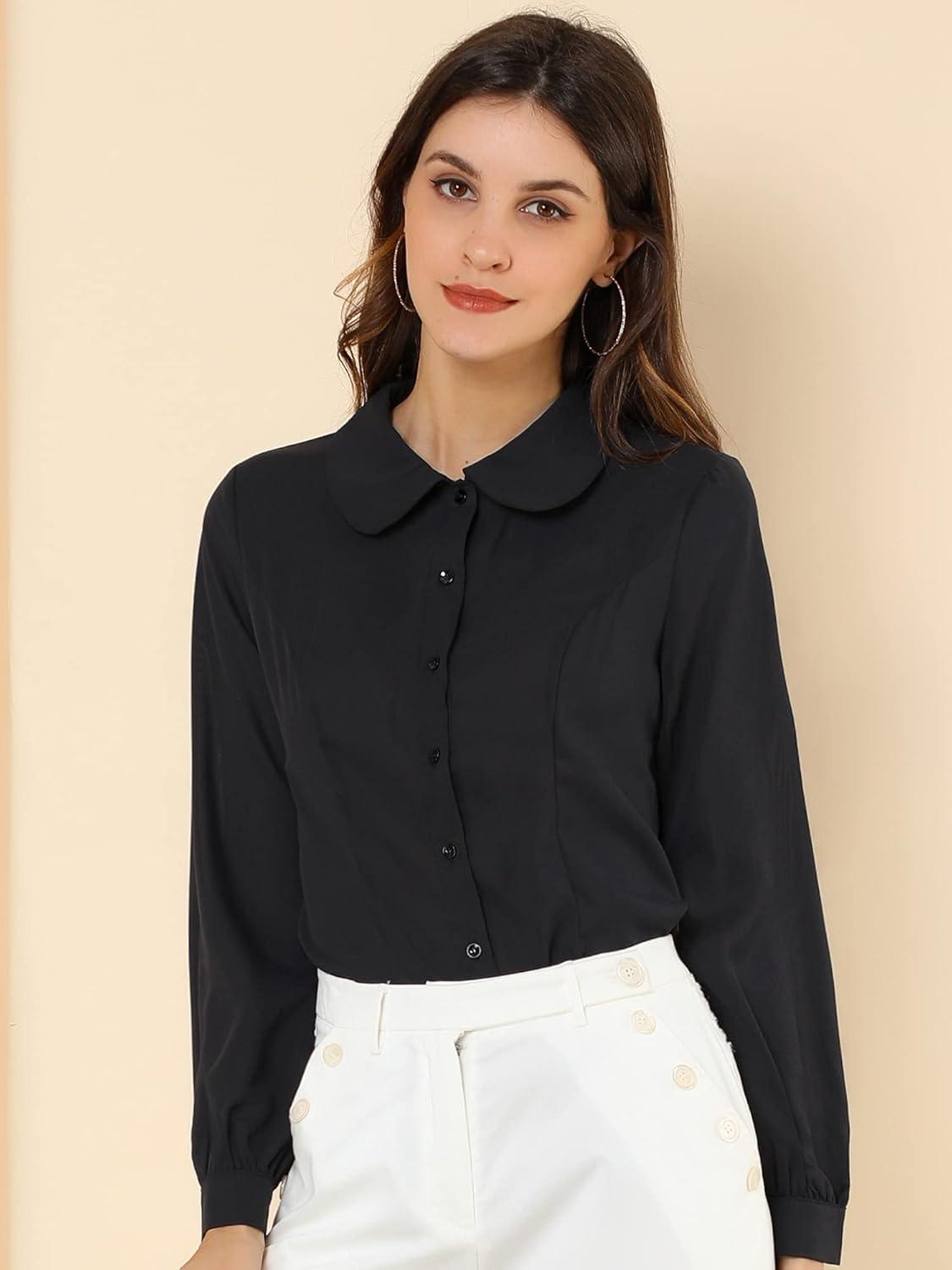 imageAllegra K Womens Peter Pan Collar Blouse Business Casual Long Sleeve Button Down Work ShirtBlack