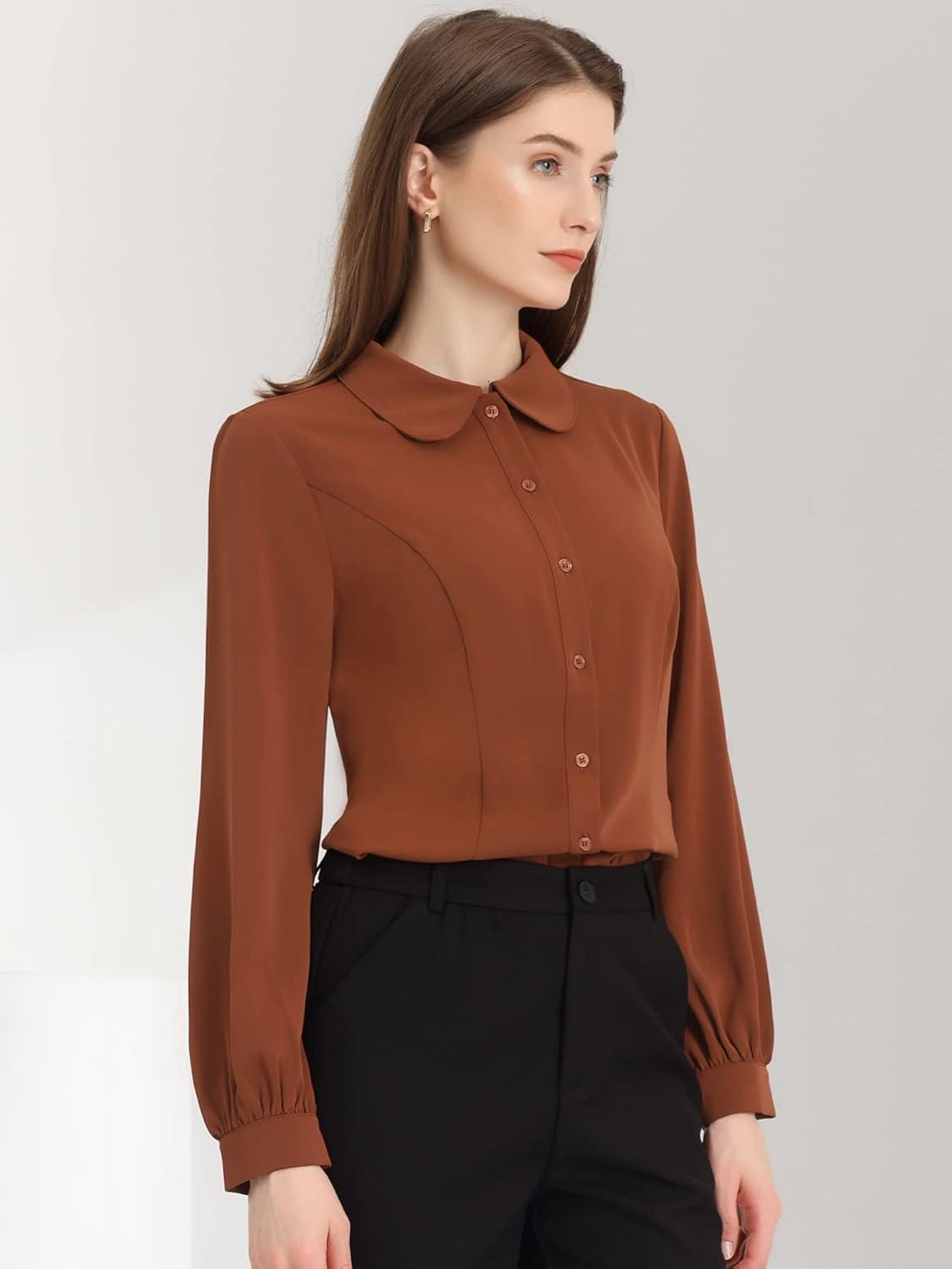 imageAllegra K Womens Peter Pan Collar Blouse Business Casual Long Sleeve Button Down Work ShirtBrick Red