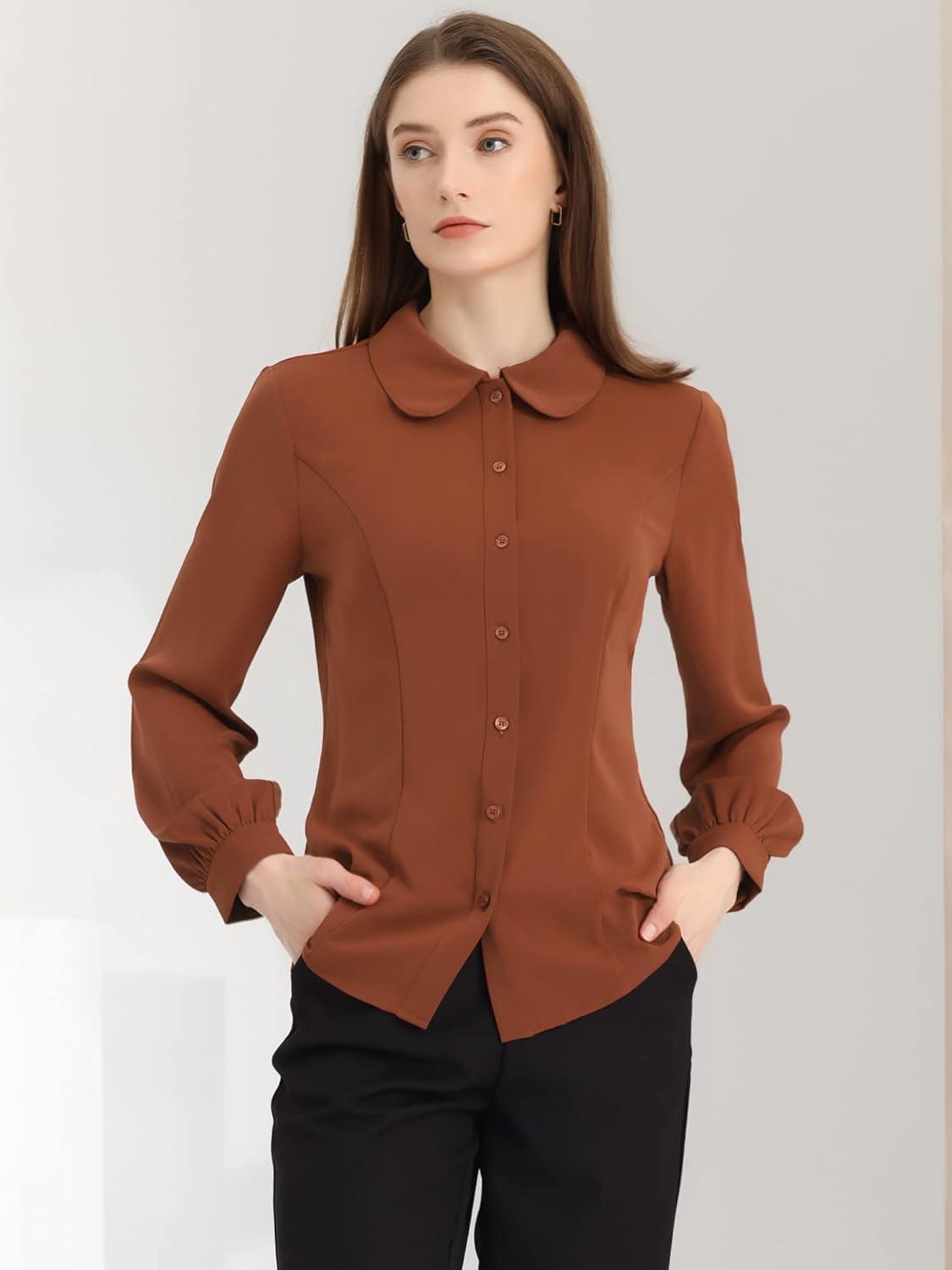 imageAllegra K Womens Peter Pan Collar Blouse Business Casual Long Sleeve Button Down Work ShirtBrick Red