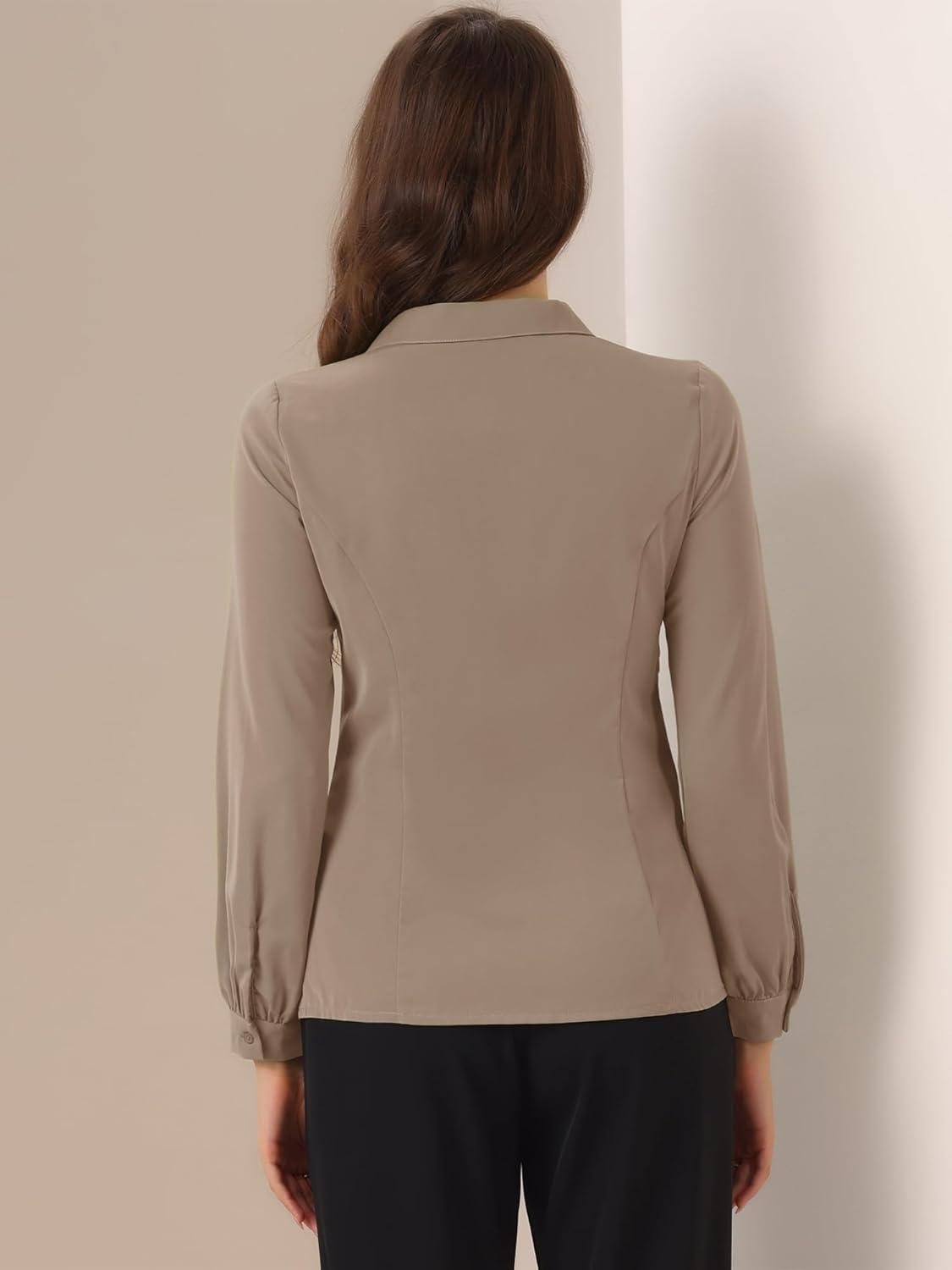 imageAllegra K Womens Peter Pan Collar Blouse Business Casual Long Sleeve Button Down Work ShirtCoffee