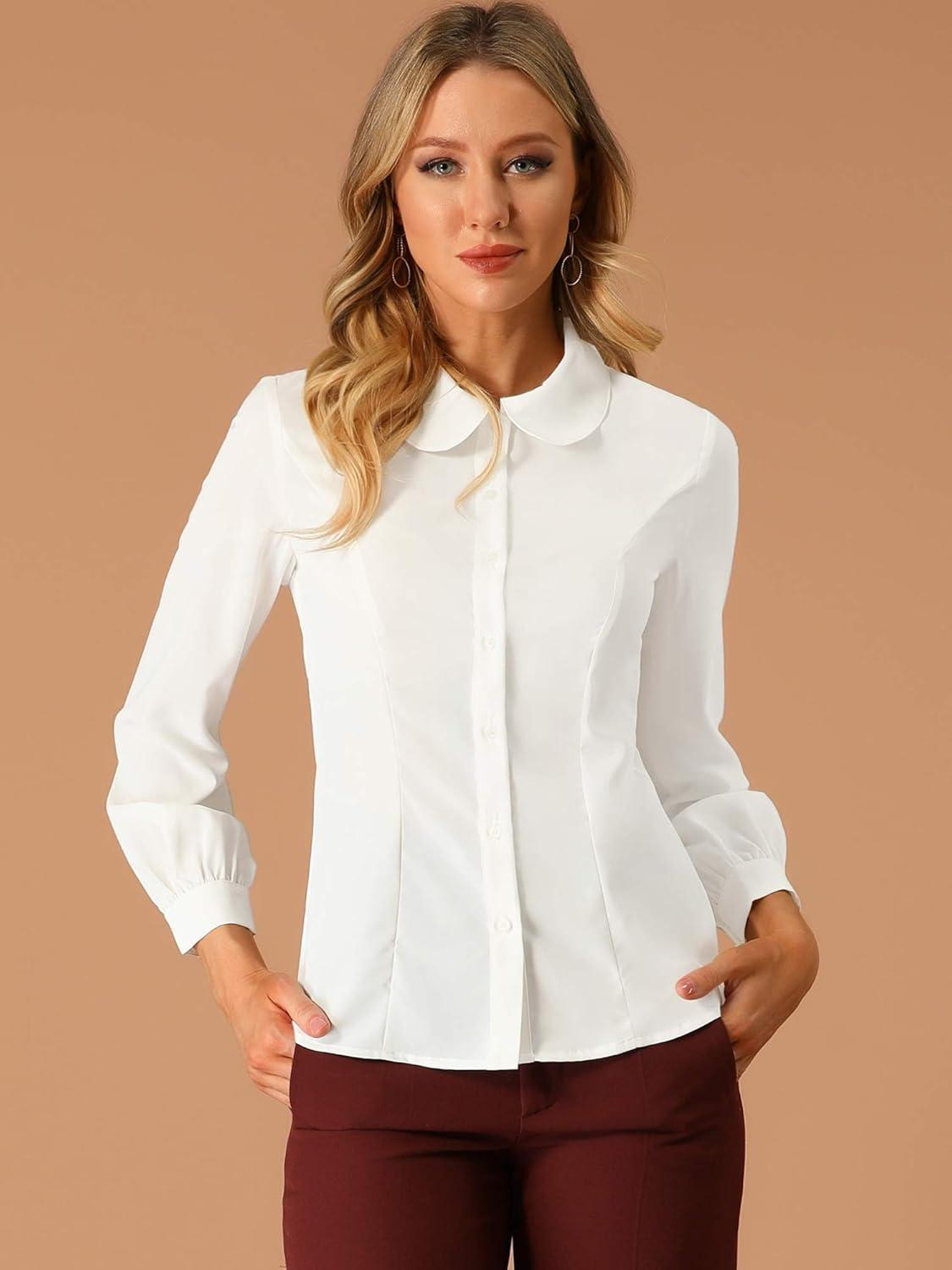 imageAllegra K Womens Peter Pan Collar Blouse Business Casual Long Sleeve Button Down Work ShirtCream White